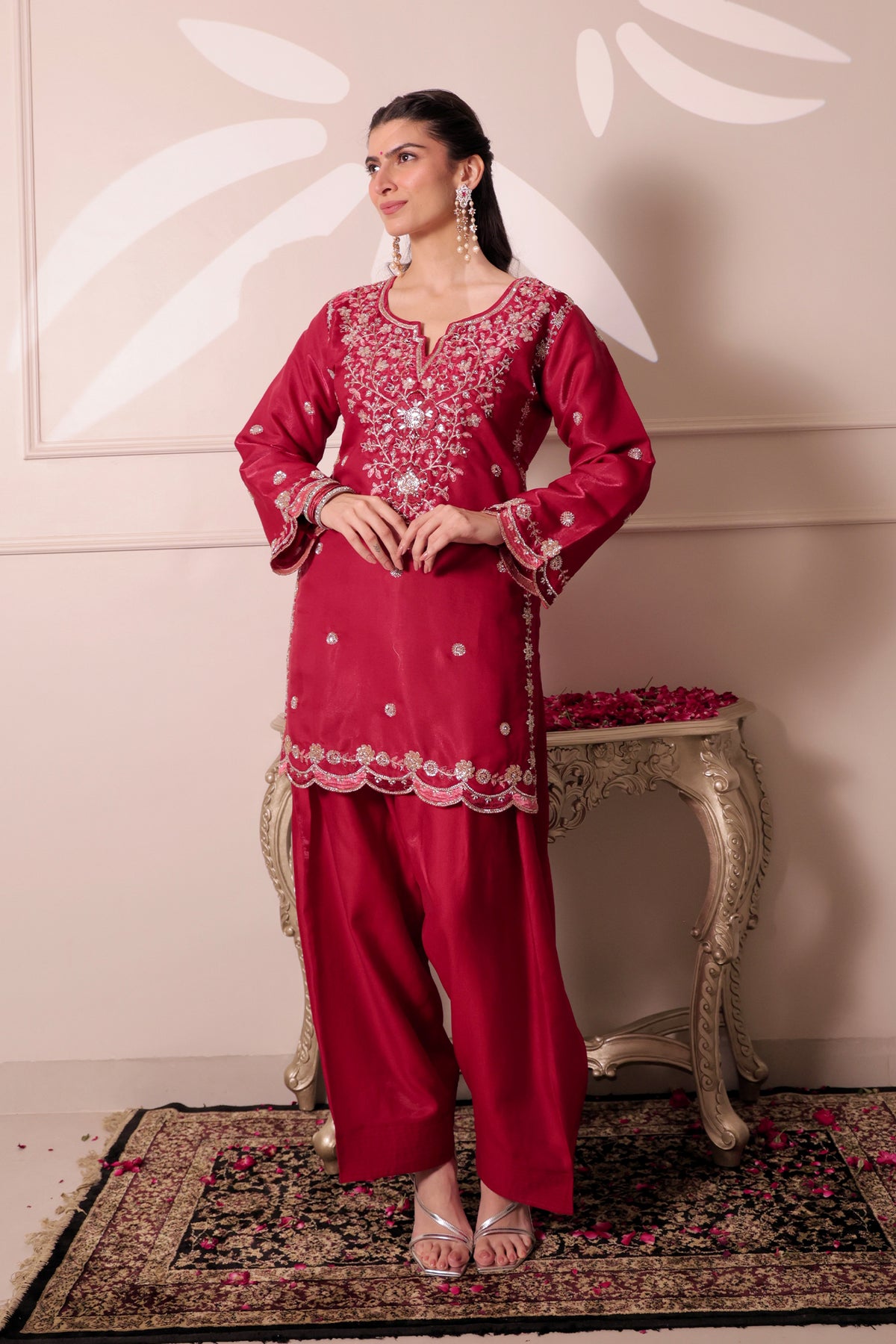 MIx Sequin Sheesha Silk Farsi Kurta Set in Deep Wine