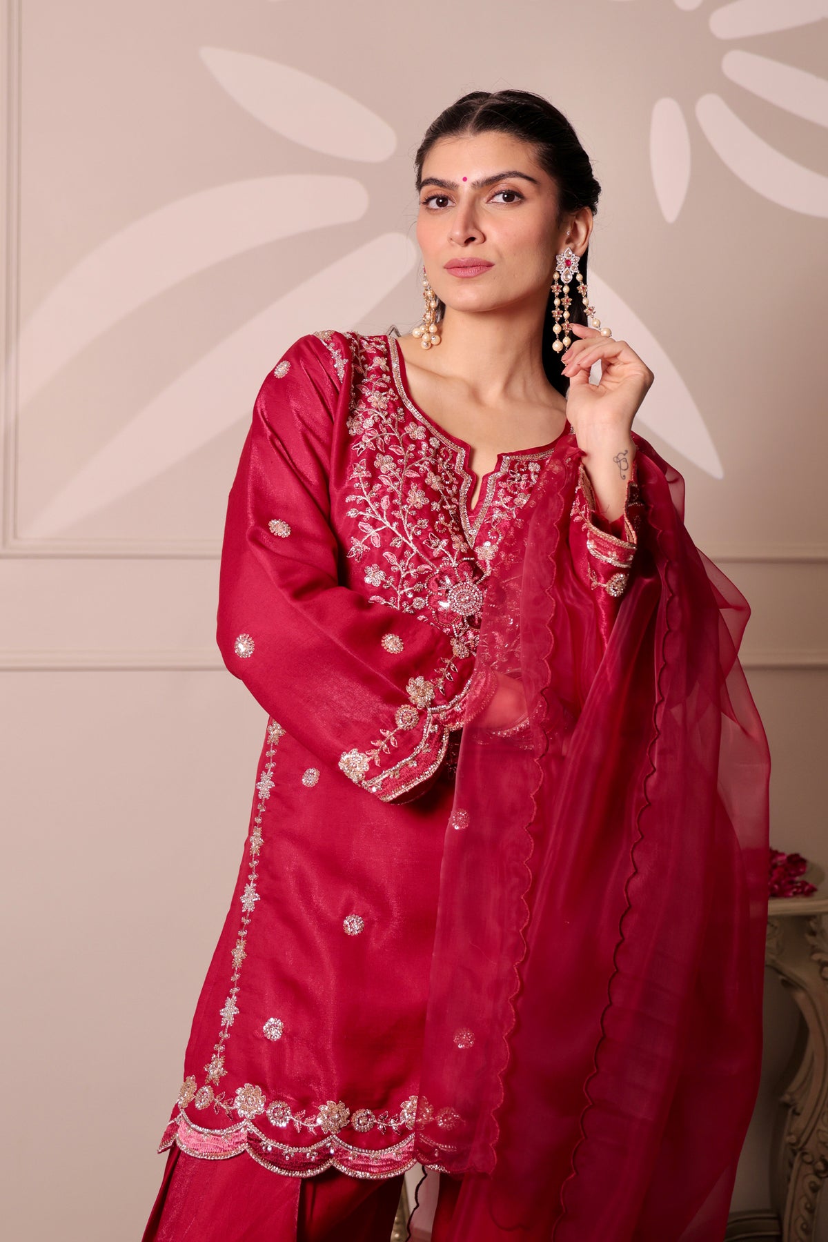 MIx Sequin Sheesha Silk Farsi Kurta Set in Deep Wine
