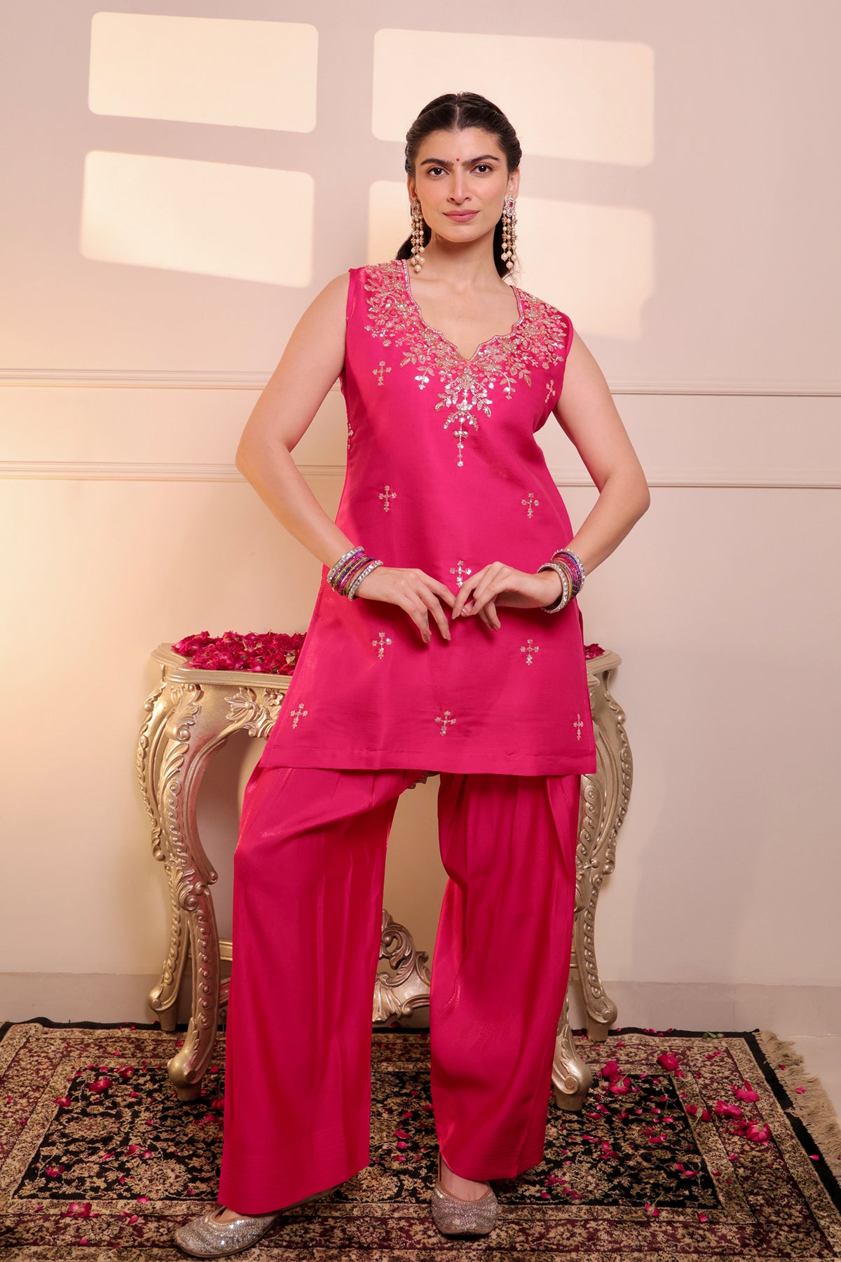 Sleeveless Sequin Sheesha Silk Farsi Kurta Set in Fuchsia Pink