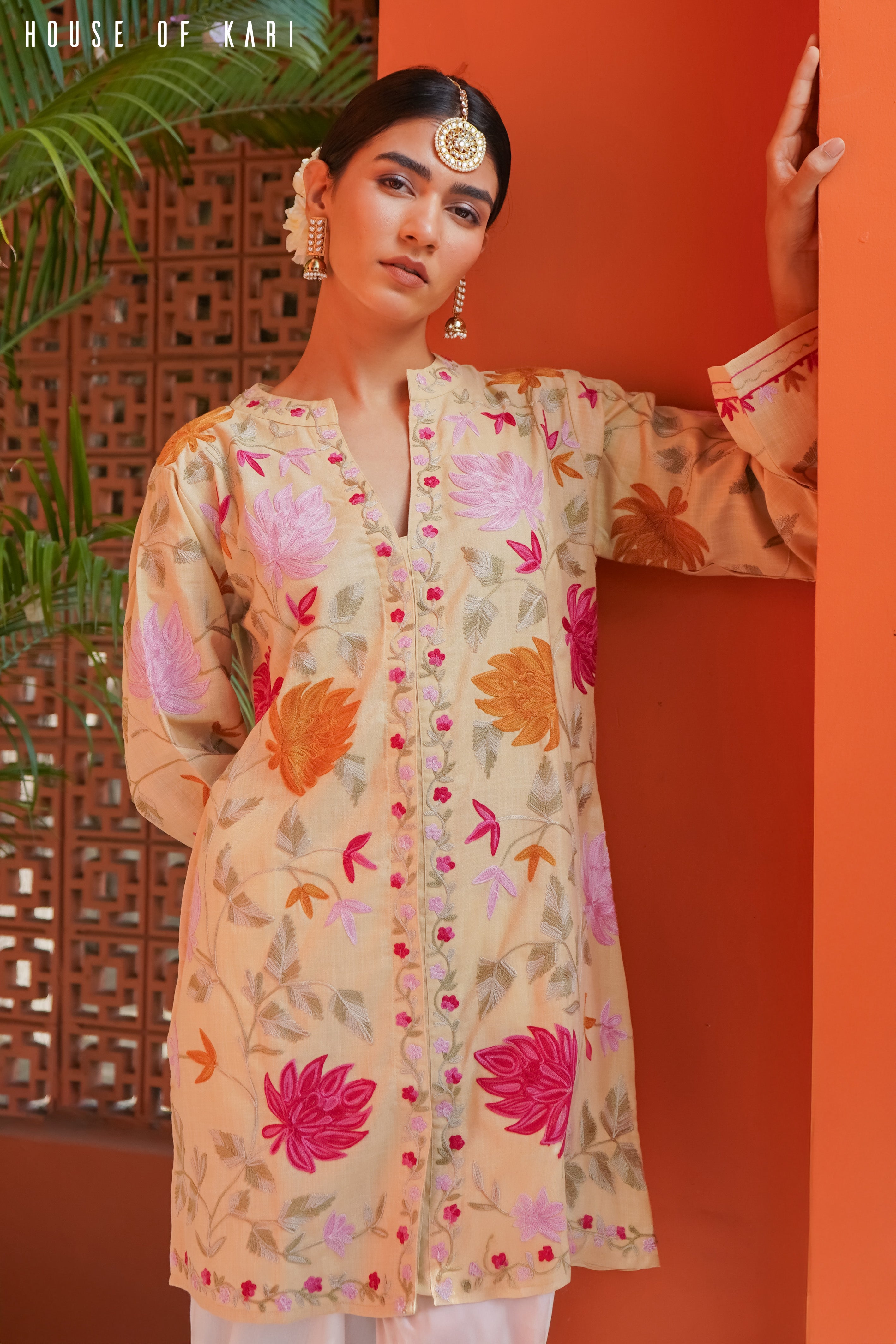 Kashmiri Aari Work Cotton Kurta Jacket – Beige