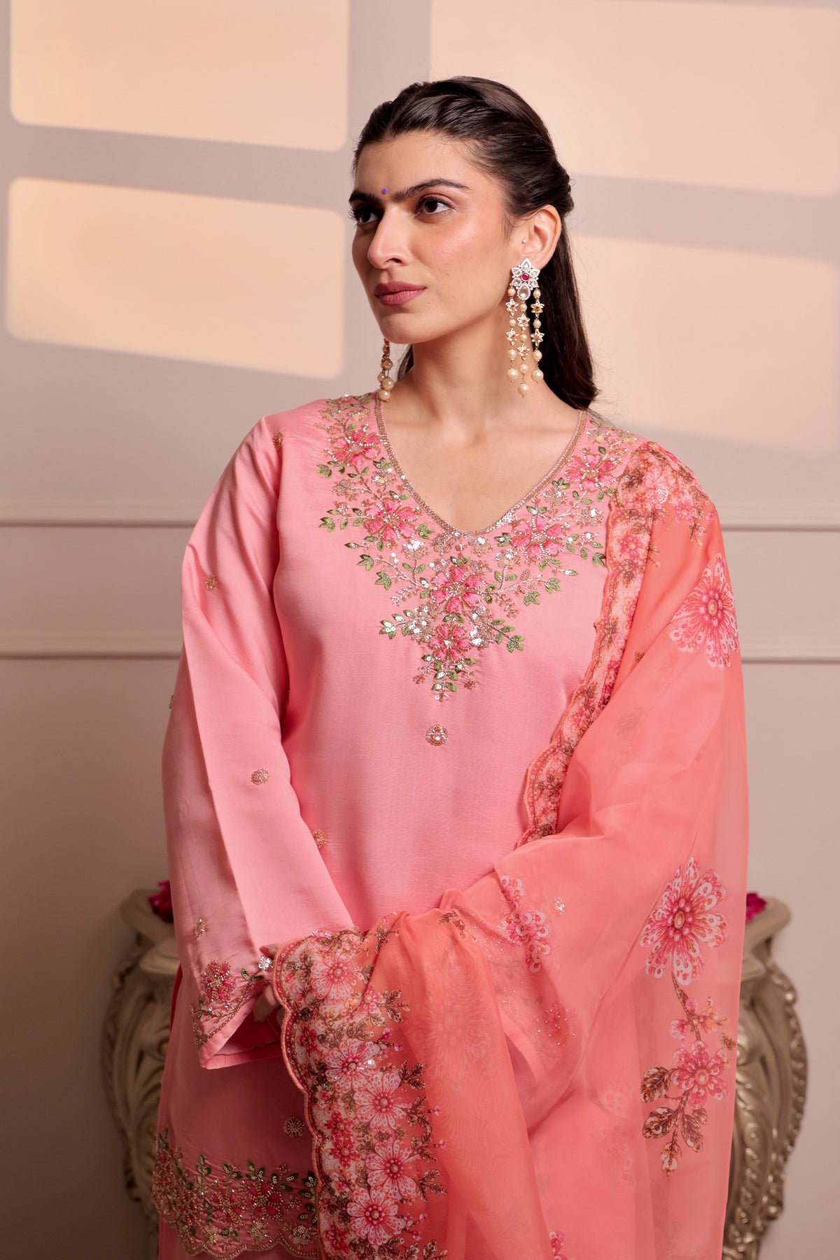 Printed Organza Dupatta in Pastel Pink