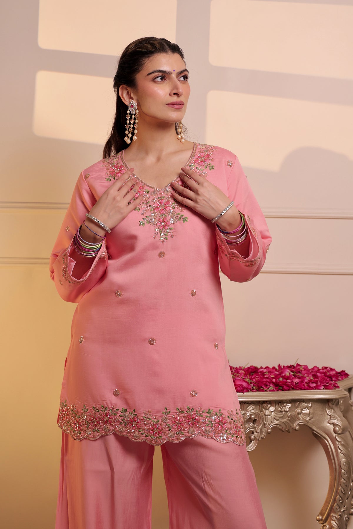Mix Sequin Sheesha Silk Loose Pant Kurta Set in Pastel Pink