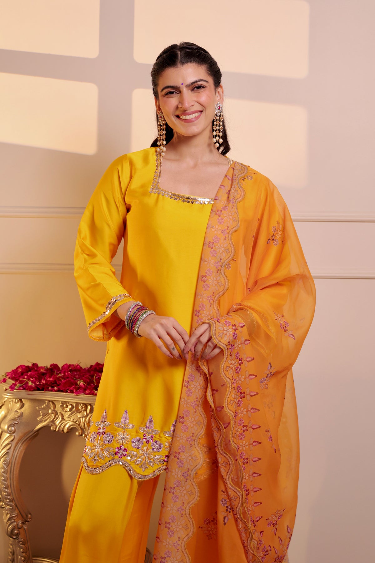 Printed Organza Dupatta in Mustard Yellow