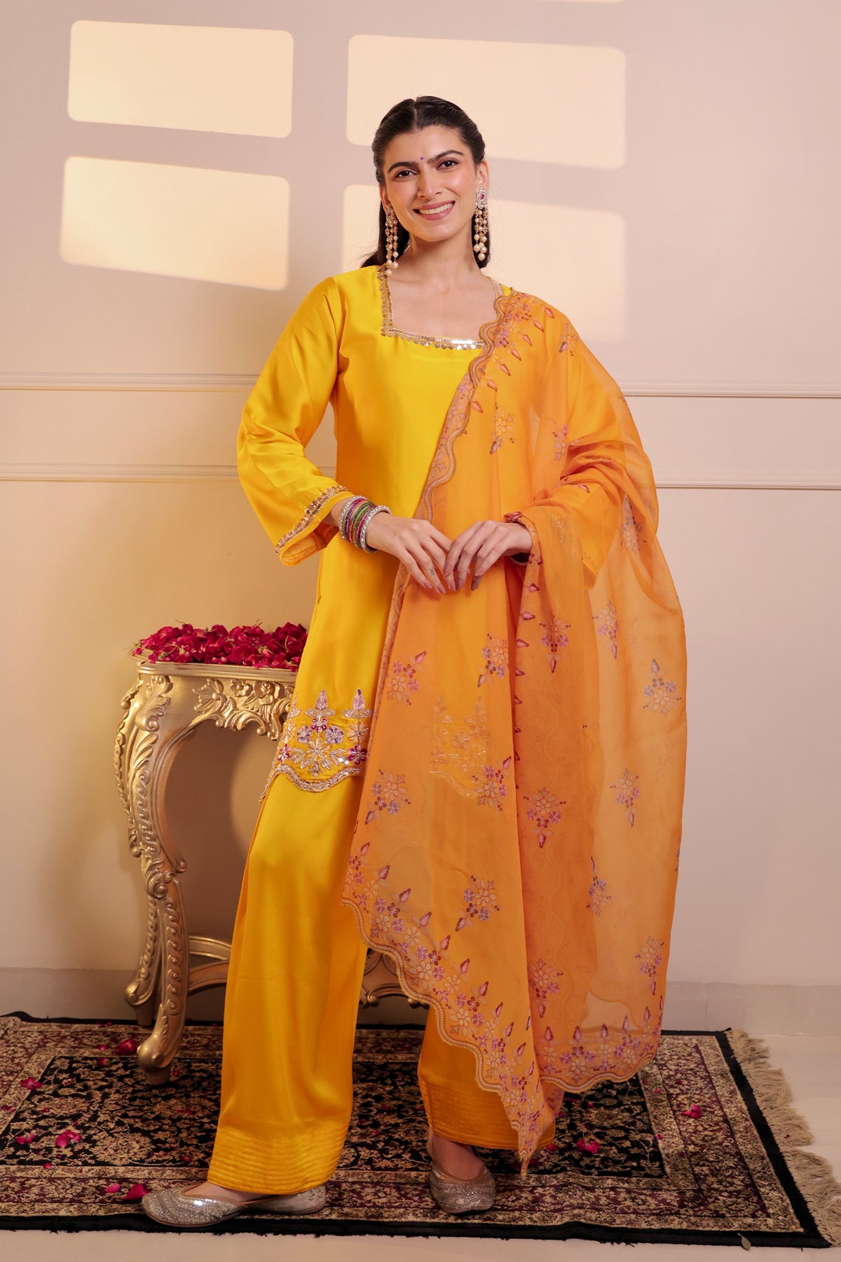 Mix Sequin Golmol Farsi Kurta Set in Mustard in Yellow