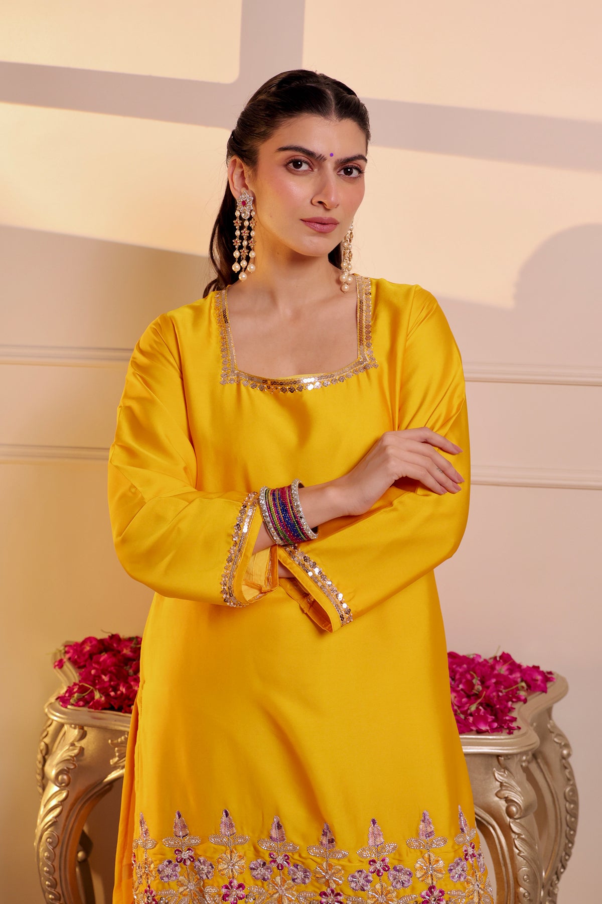 Mix Sequin Golmol Farsi Kurta Set in Mustard in Yellow