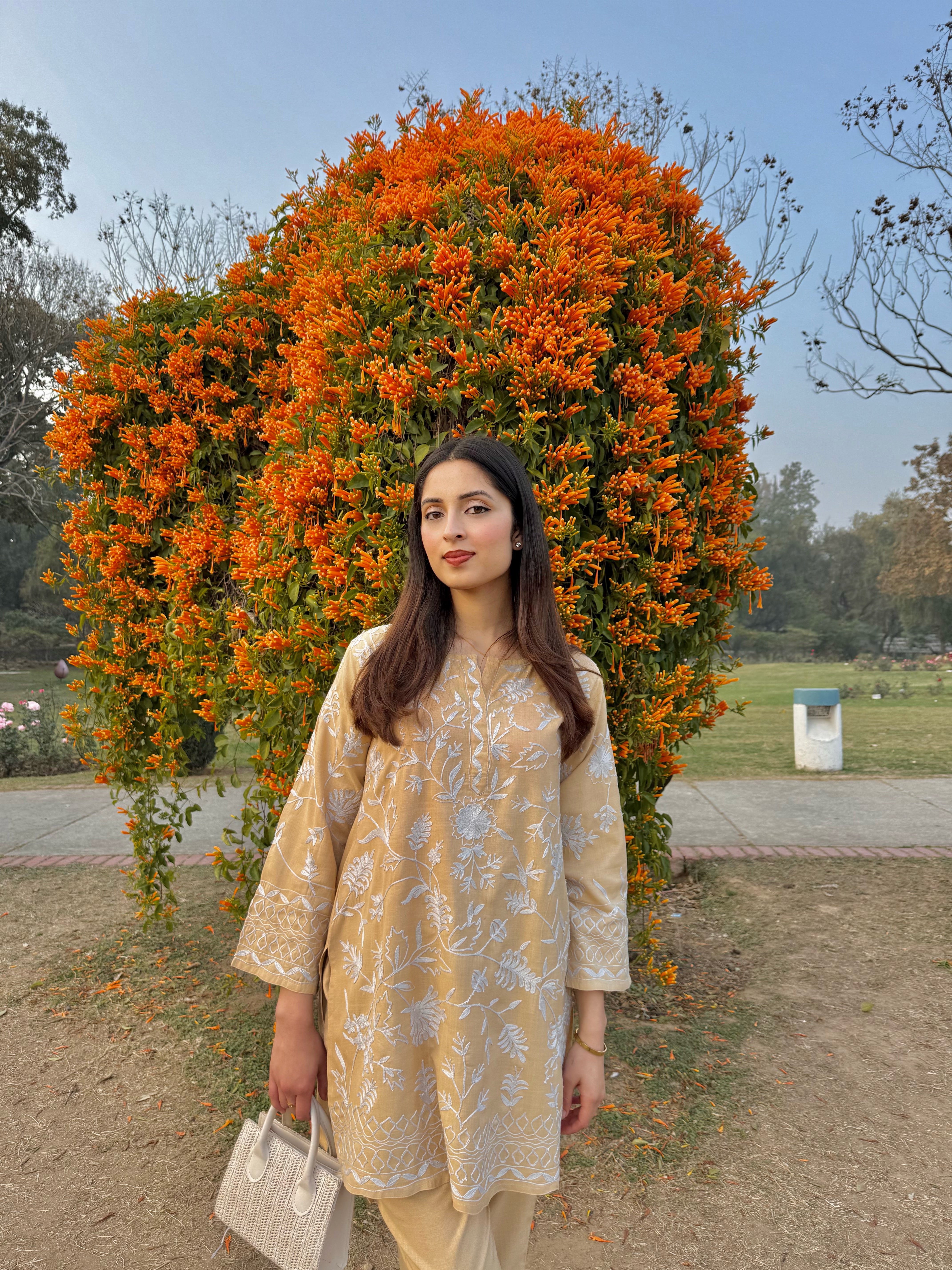 Vanshita in Kashmiri Aari Work Cotton Kurta Set - Beige With White