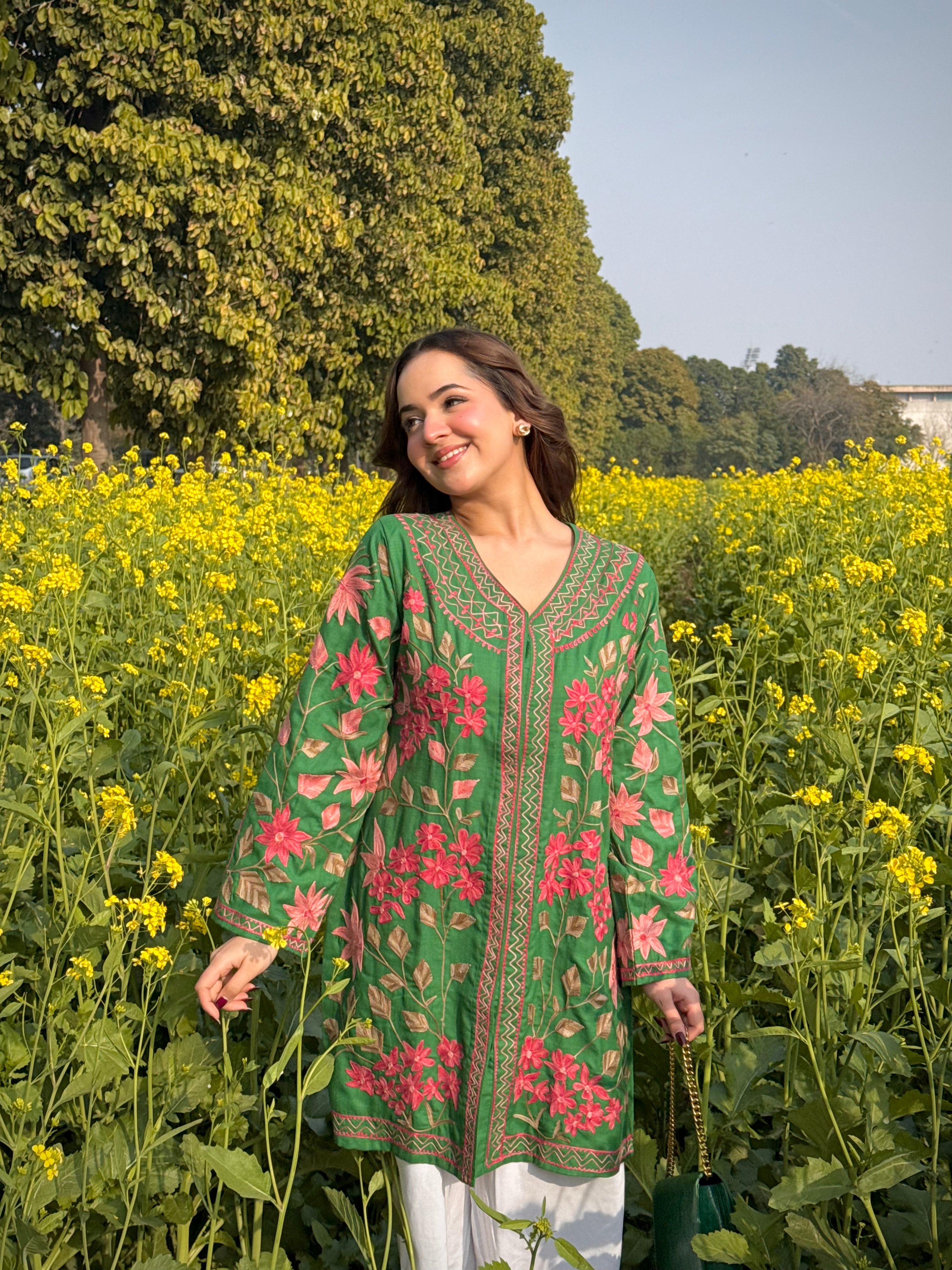 Bhavya jain in Cotton Kashmiri Aari Embroidered Jacket – Green