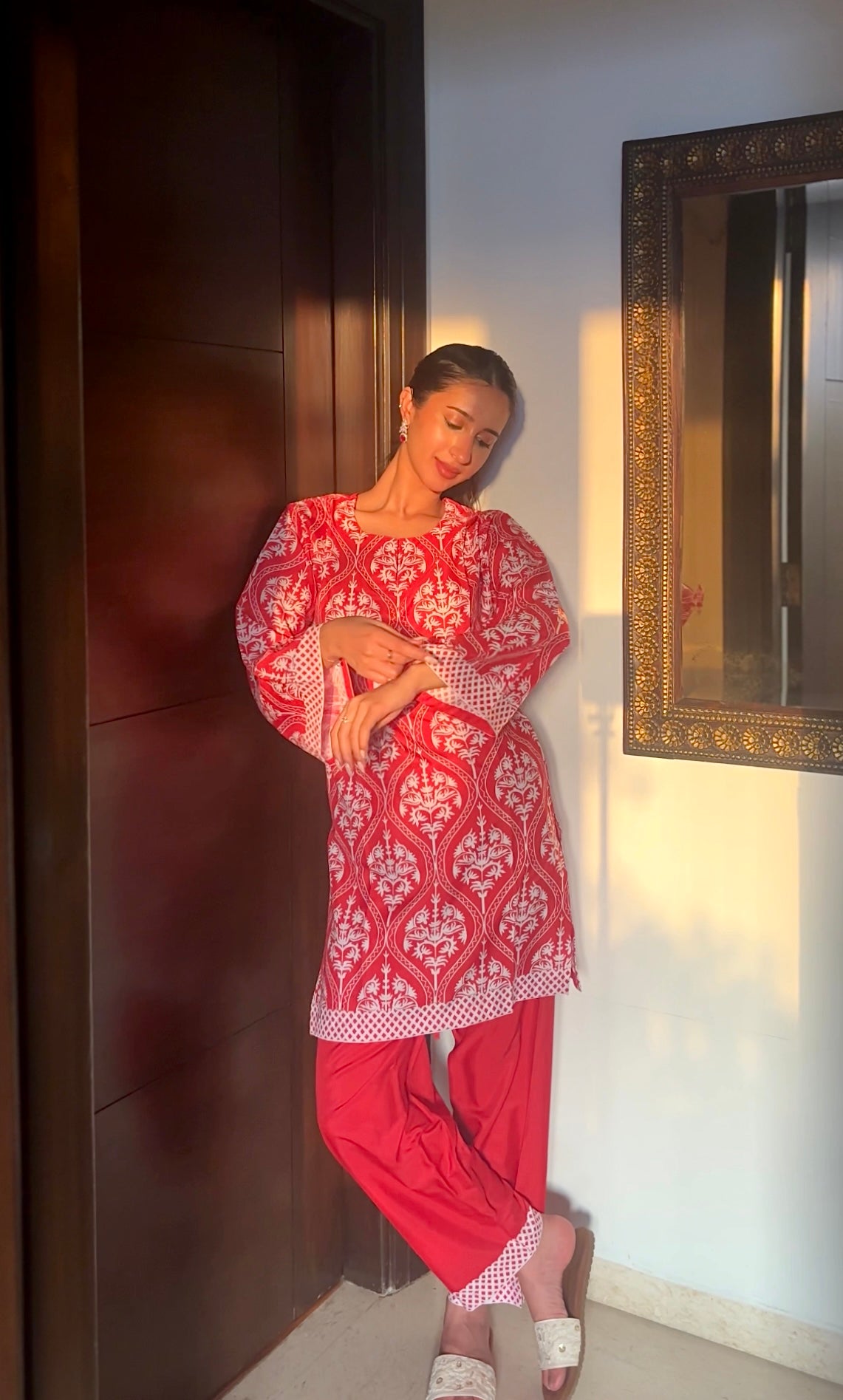 Elisha in Printkari Poly Muslin Co-ord set in Strawberry Red