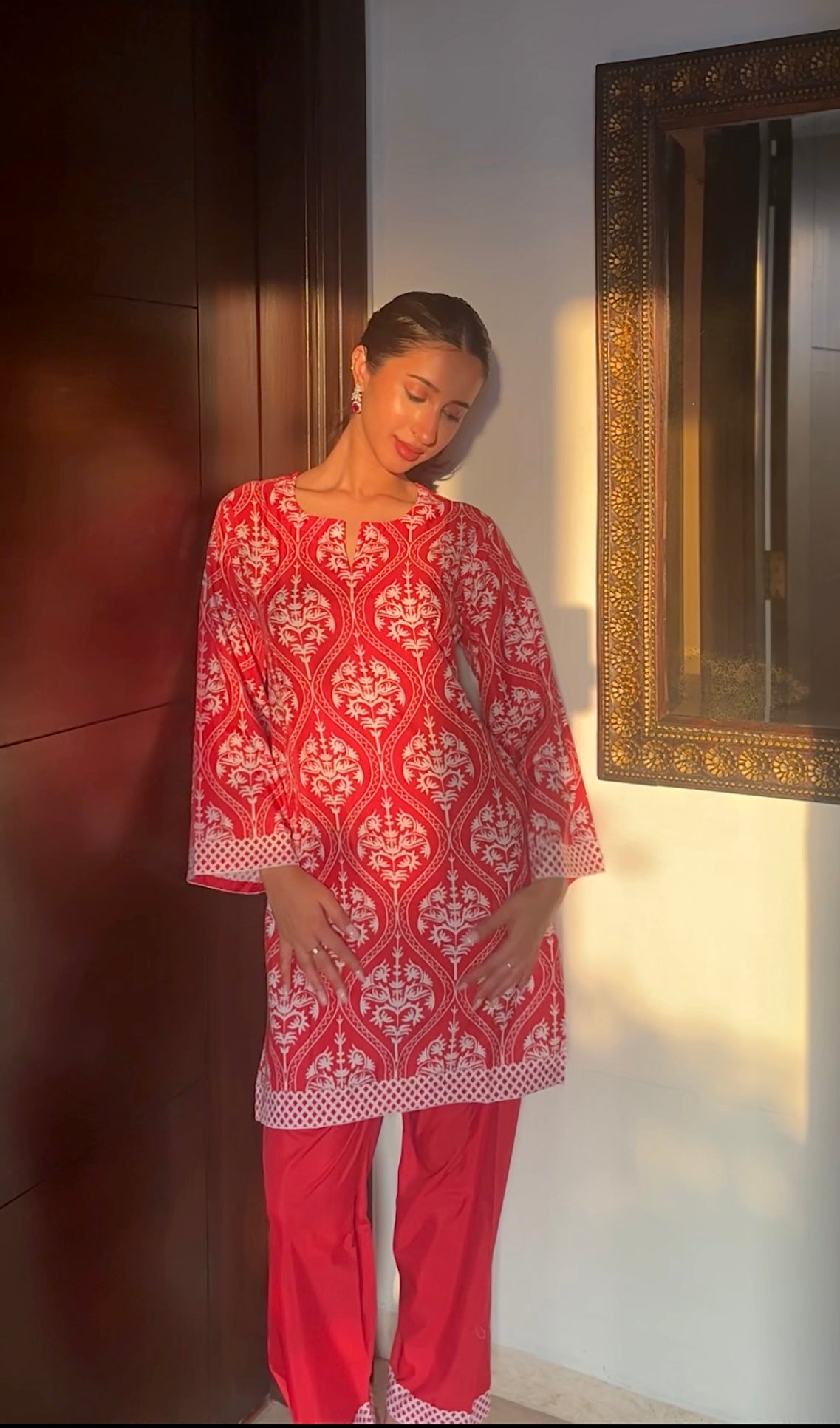 Elisha in Printkari Poly Muslin Co-ord set in Strawberry Red