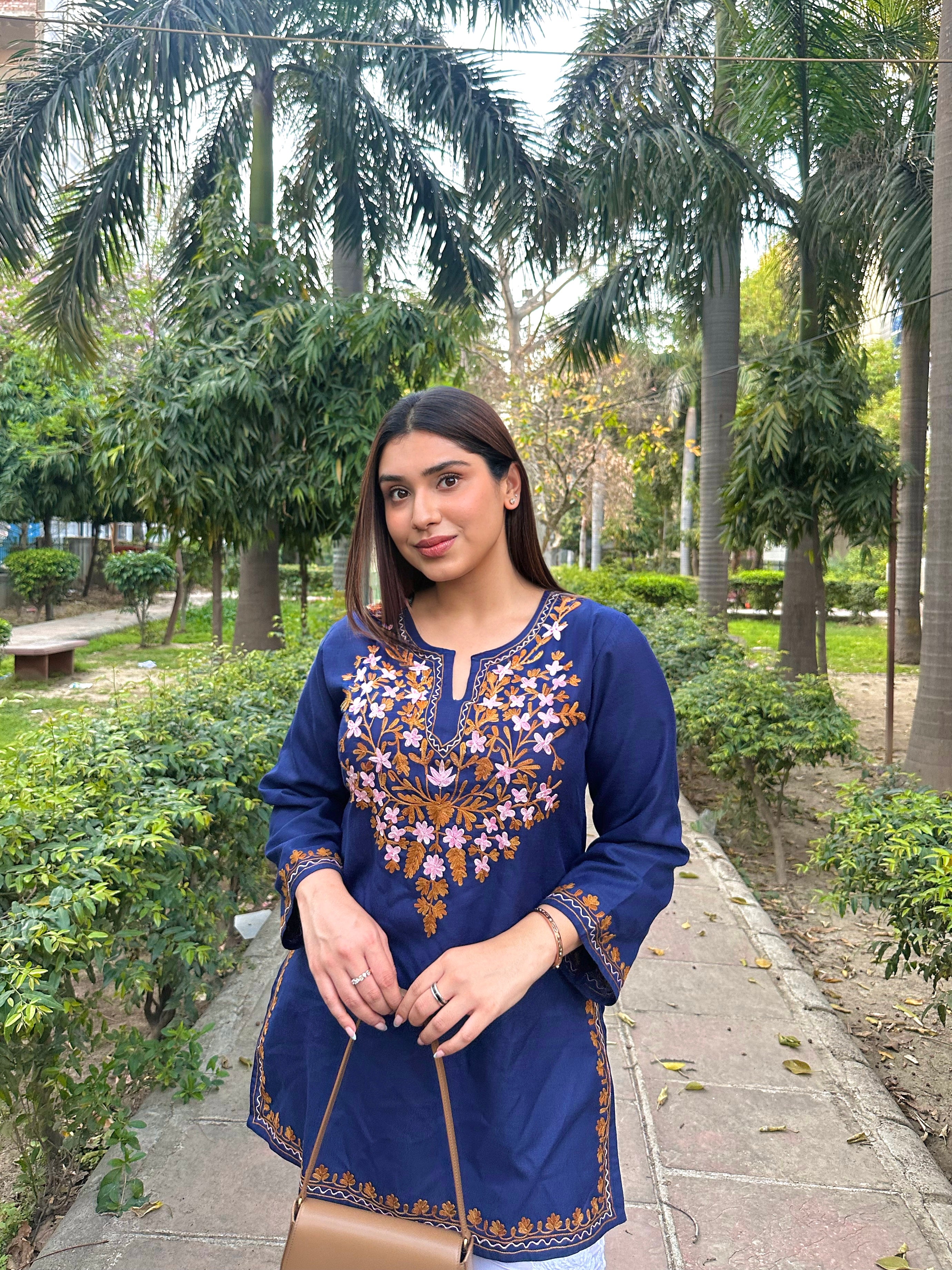 Asna in Kashmiri Aari Work Cotton Short Kurta – Navy Blue