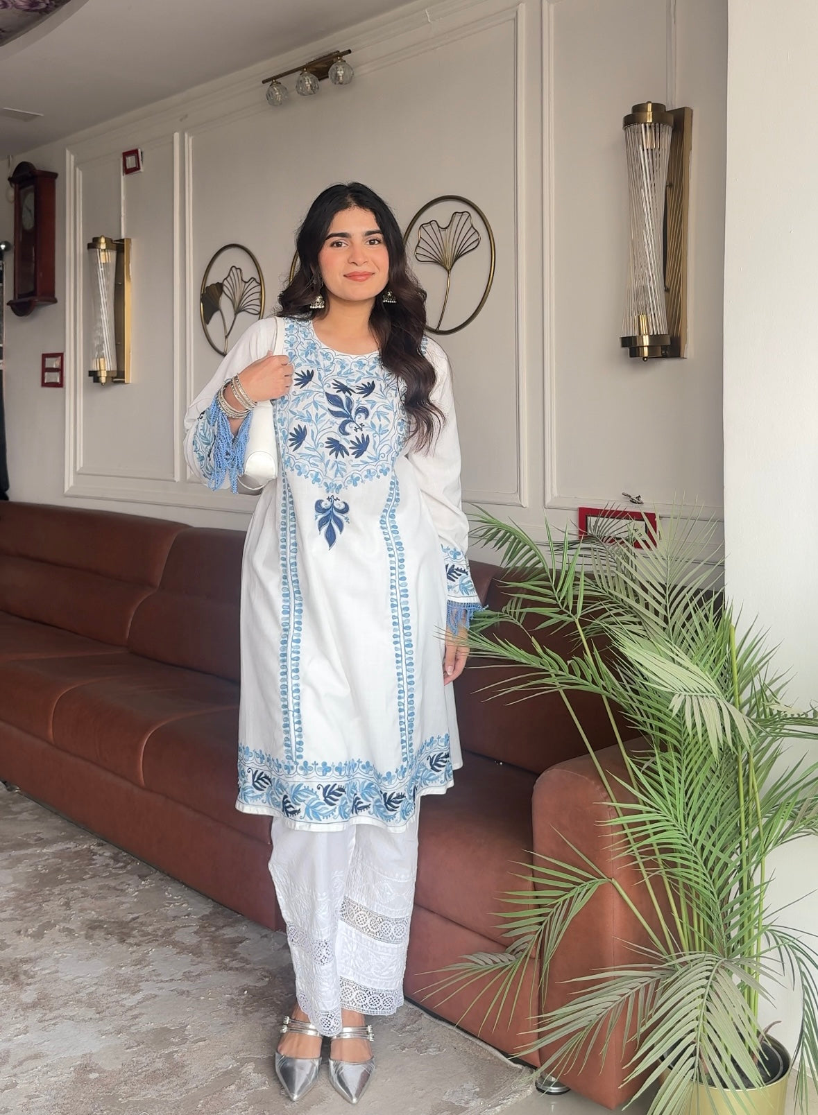 Mehnaz in Falak Kashmiri Long Kurta - White