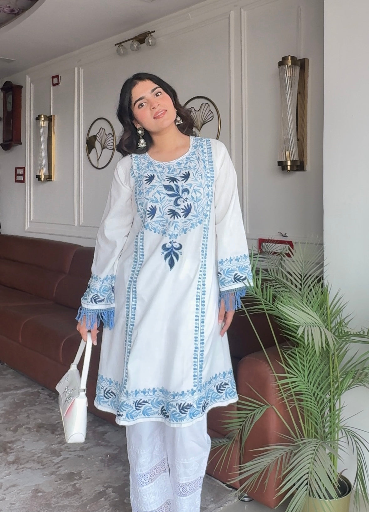 Mehnaz in Falak Kashmiri Long Kurta - White