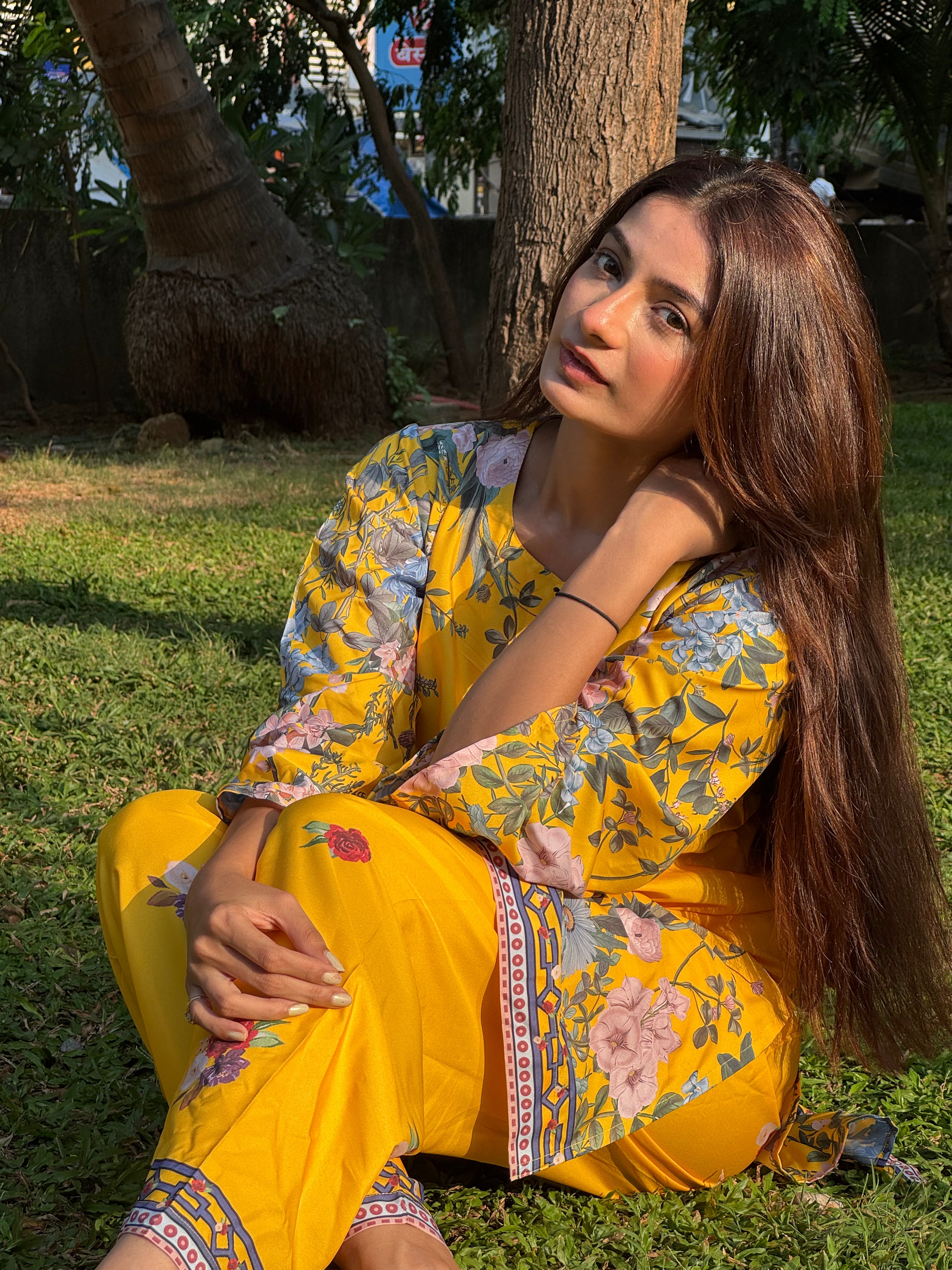Nidhi in Printkari Poly Muslin Co-ord set in Yellow