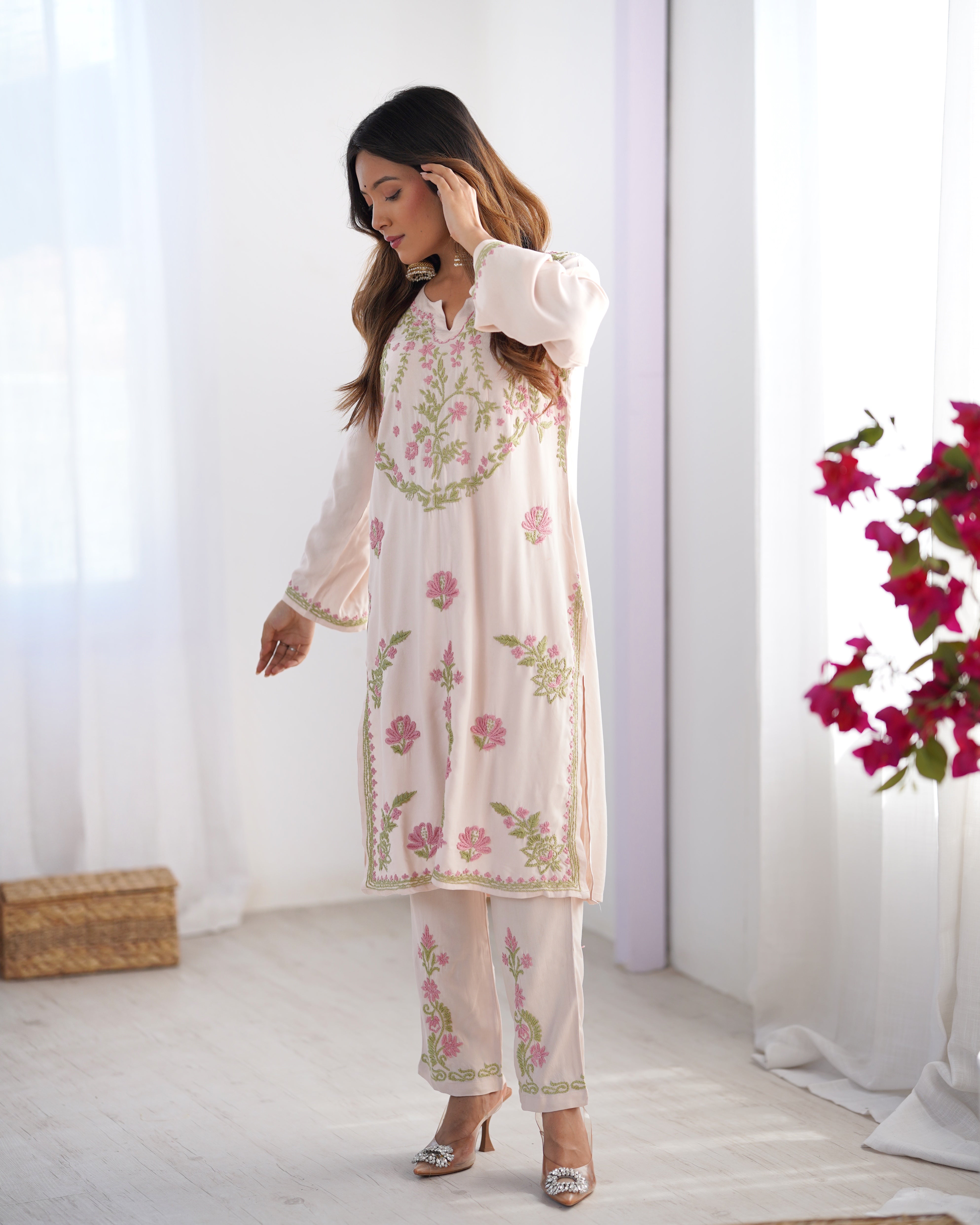 Aarti in Chikankari Kurta Set In Rayon - Beige