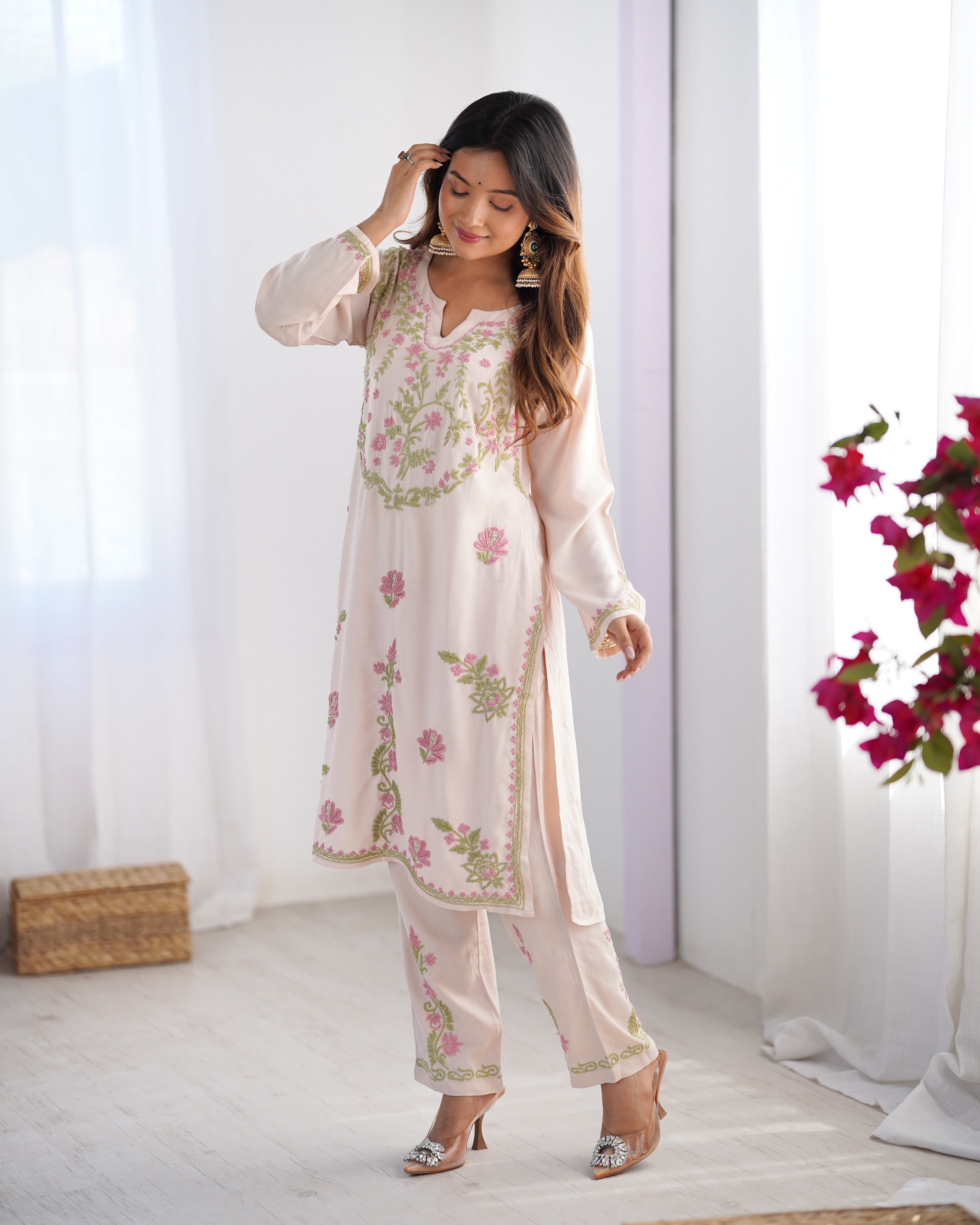 Aarti in Chikankari Kurta Set In Rayon - Beige