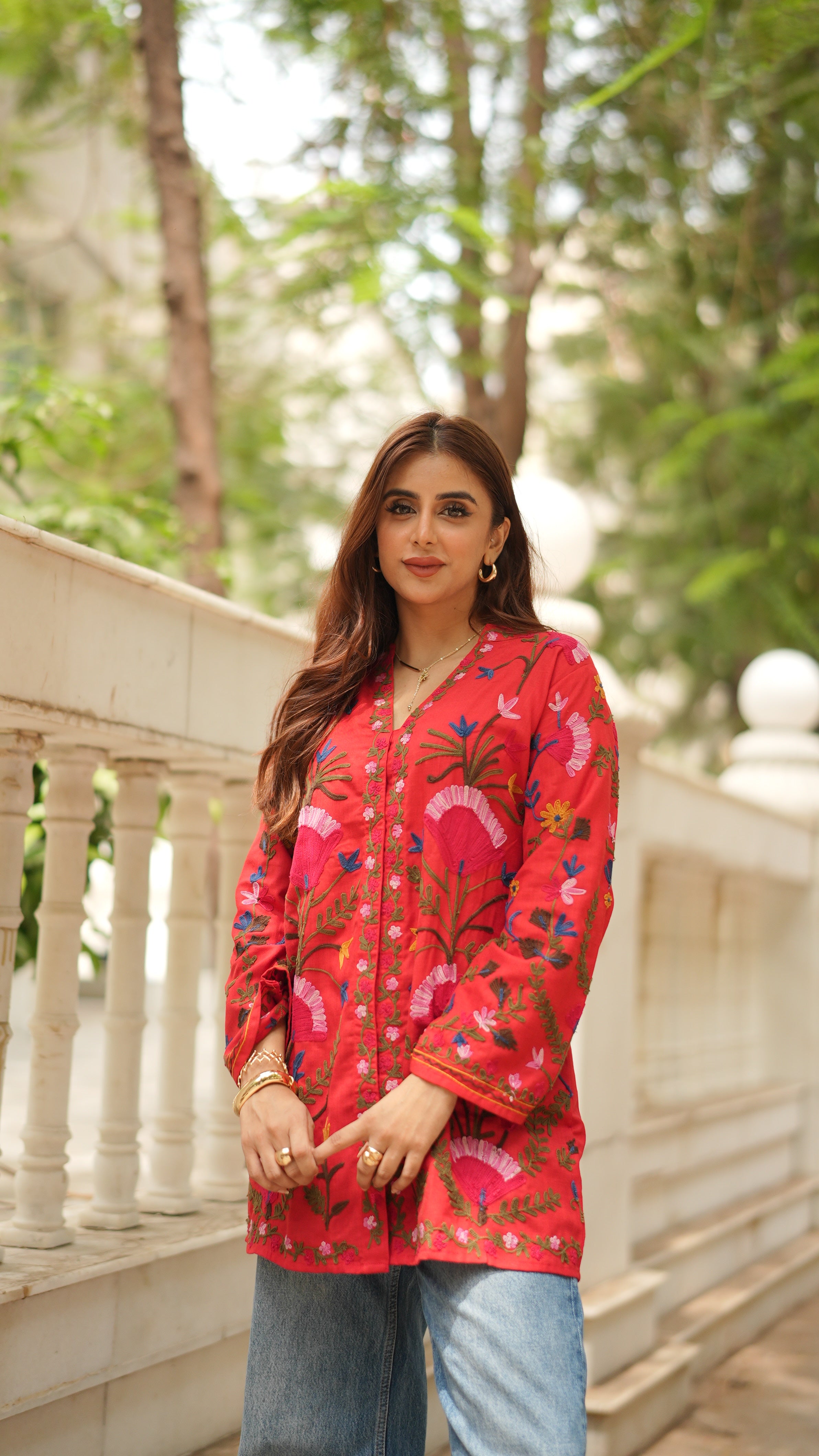 Miesha in Kashmiri Aari Work Cotton Kurta Jacket – Red