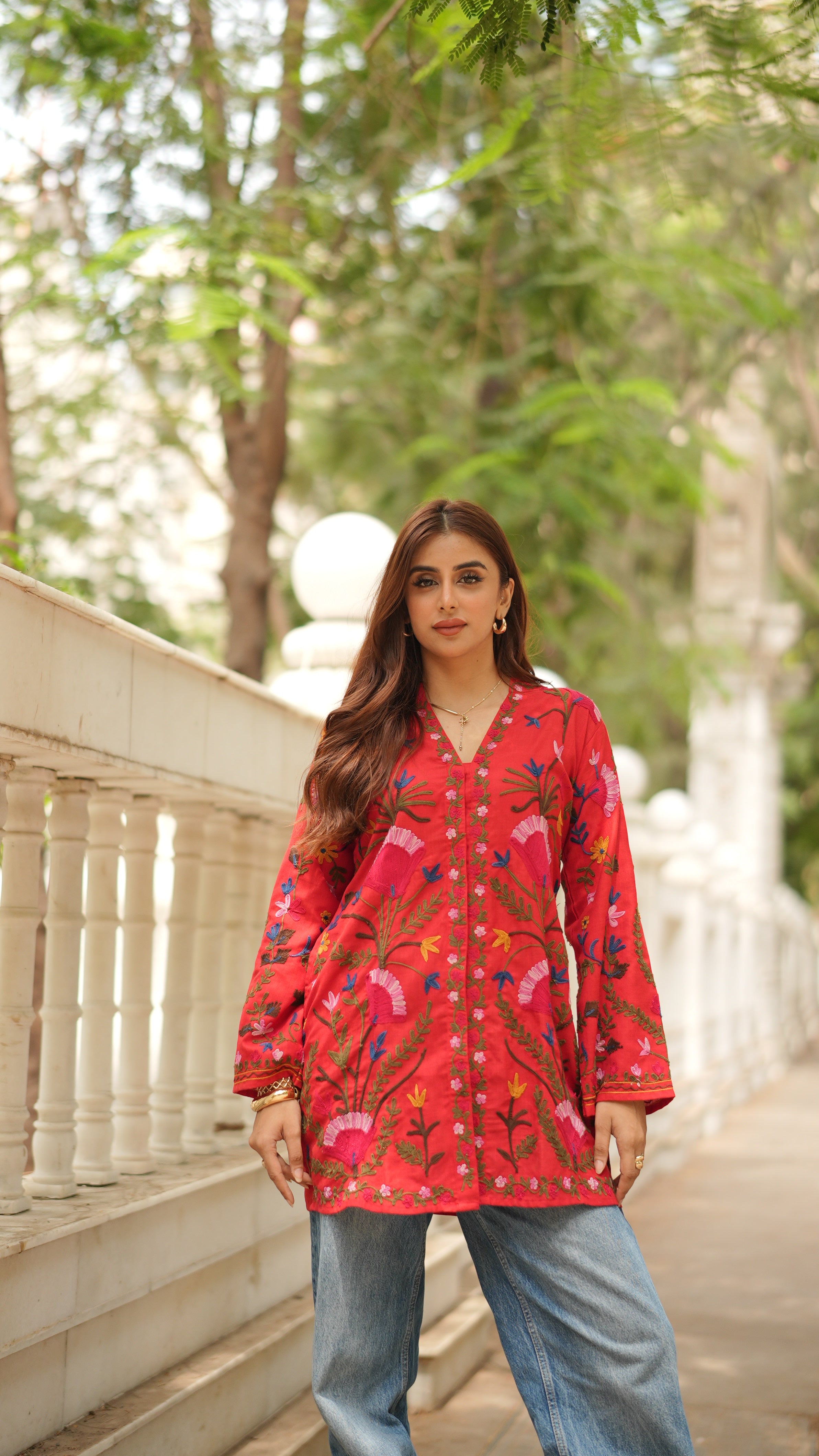 Miesha in Kashmiri Aari Work Cotton Kurta Jacket – Red