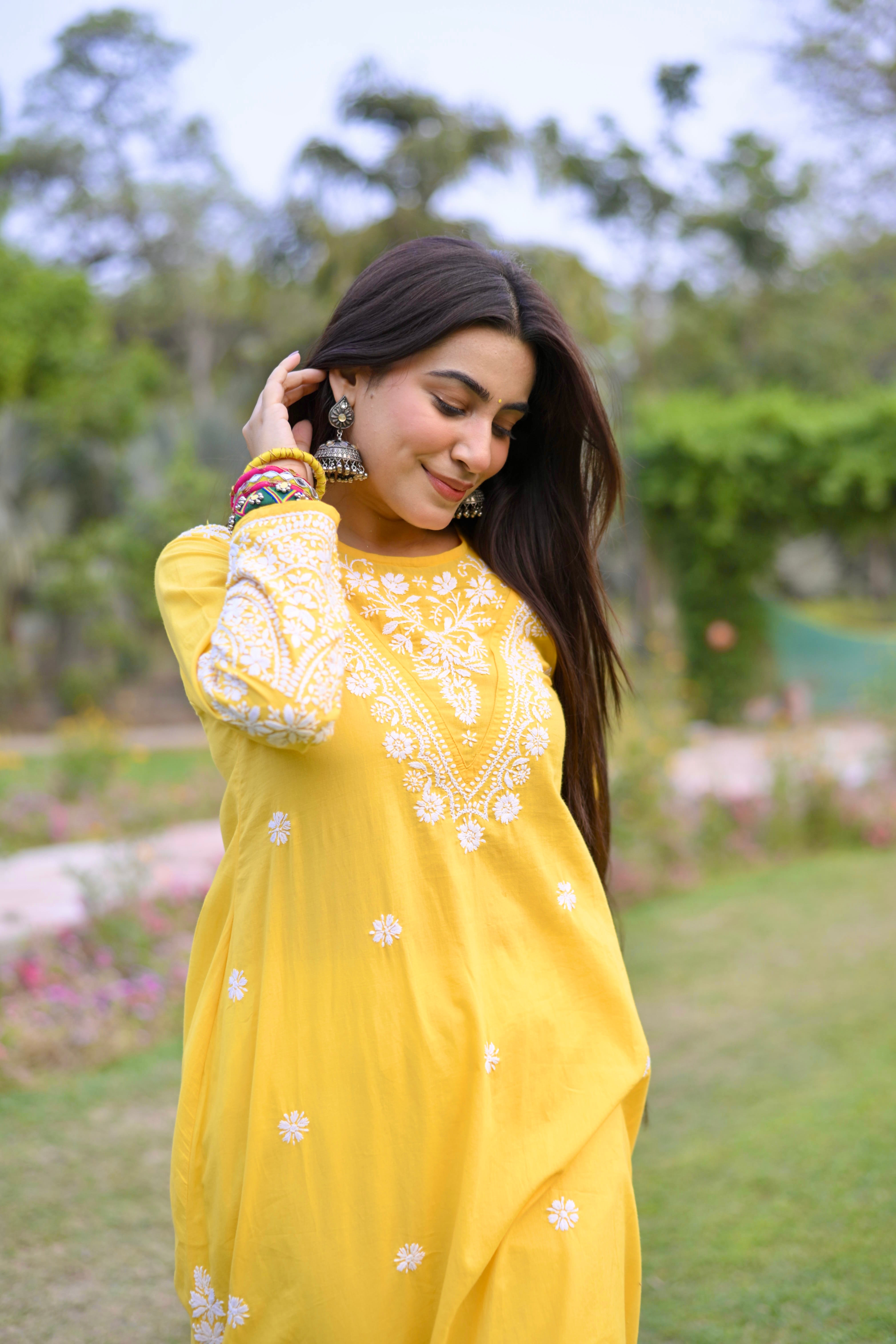 Sugandh in Cotton Chikankari Long Kurta Yellow