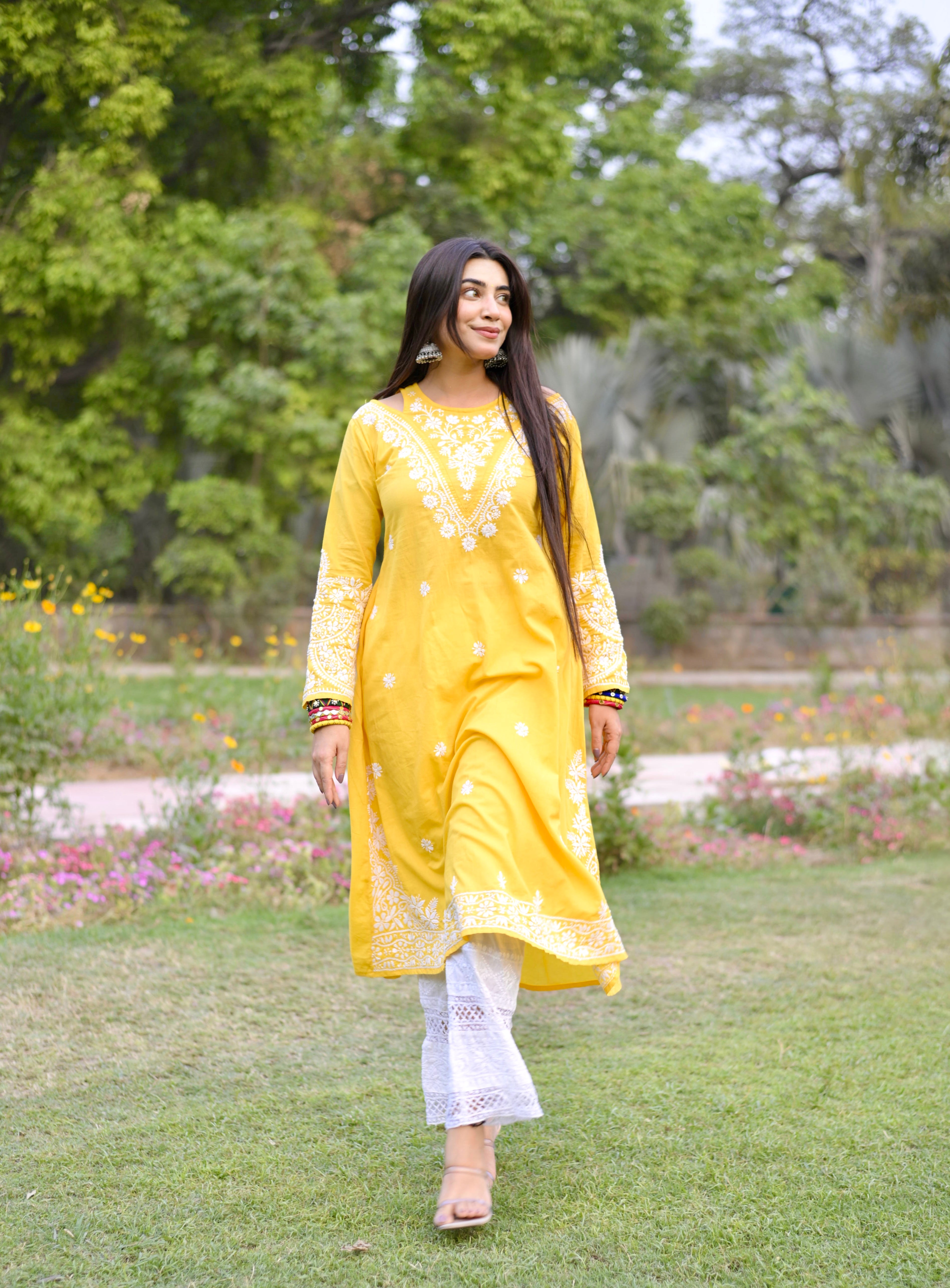 Sugandh in Cotton Chikankari Long Kurta Yellow