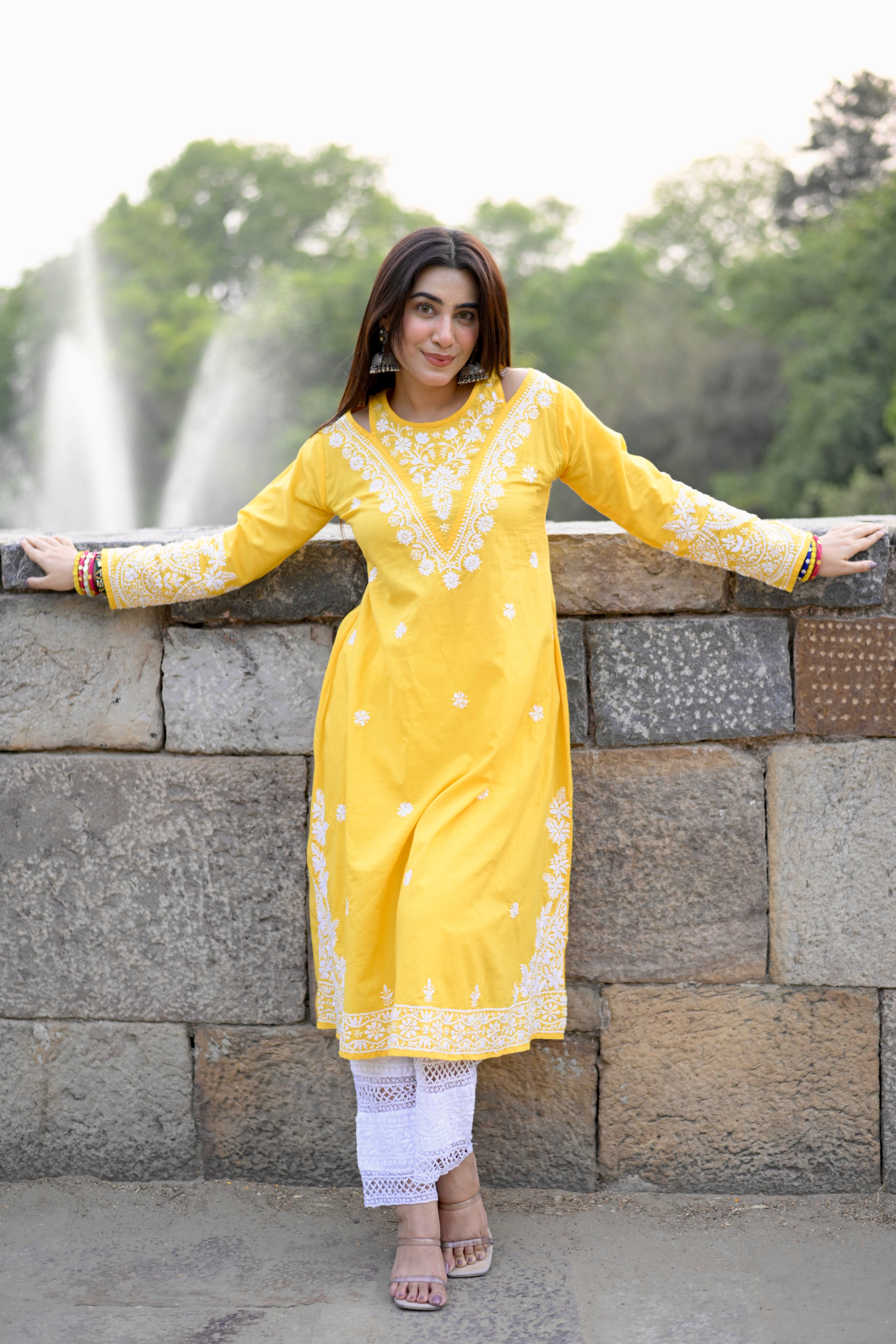 Sugandh in Cotton Chikankari Long Kurta Yellow