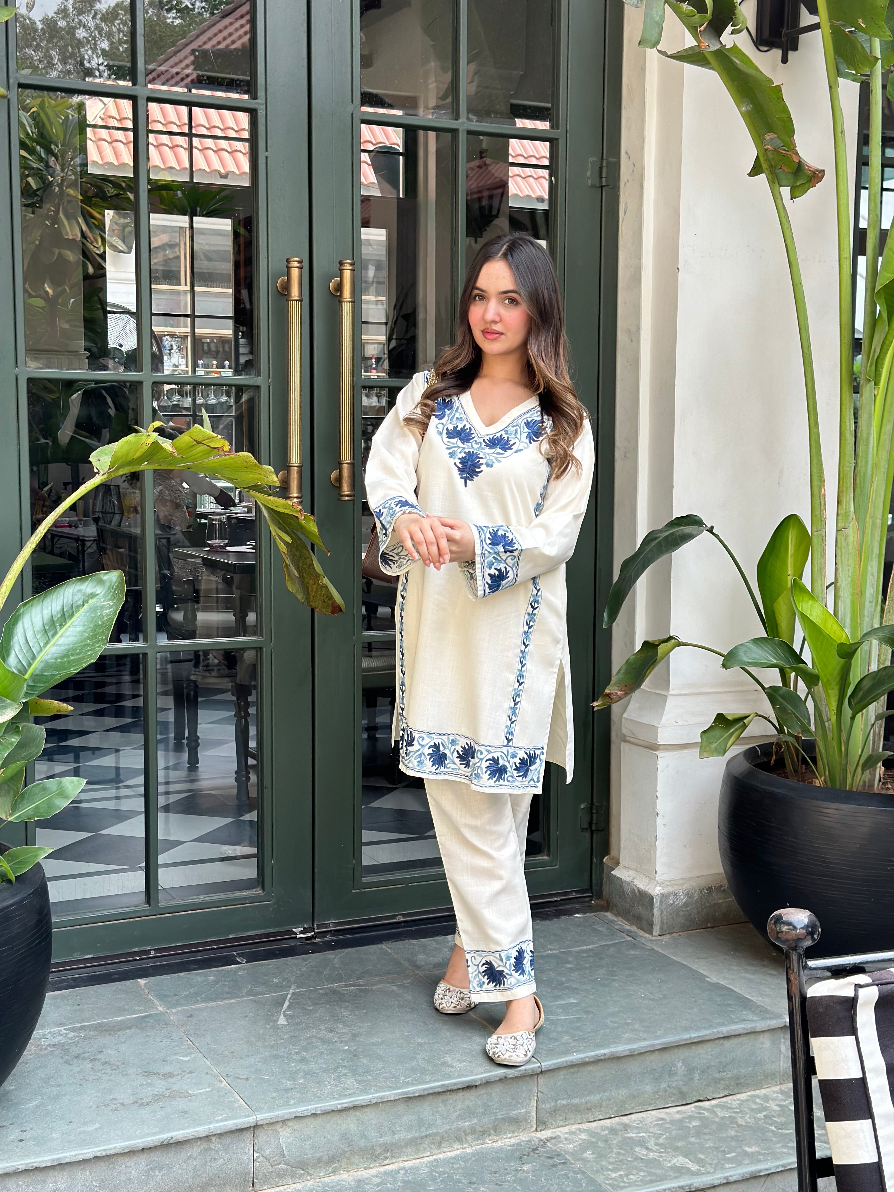 Bhavya in Kashmiri Aari Work Cotton Kurta Set - White With Blue