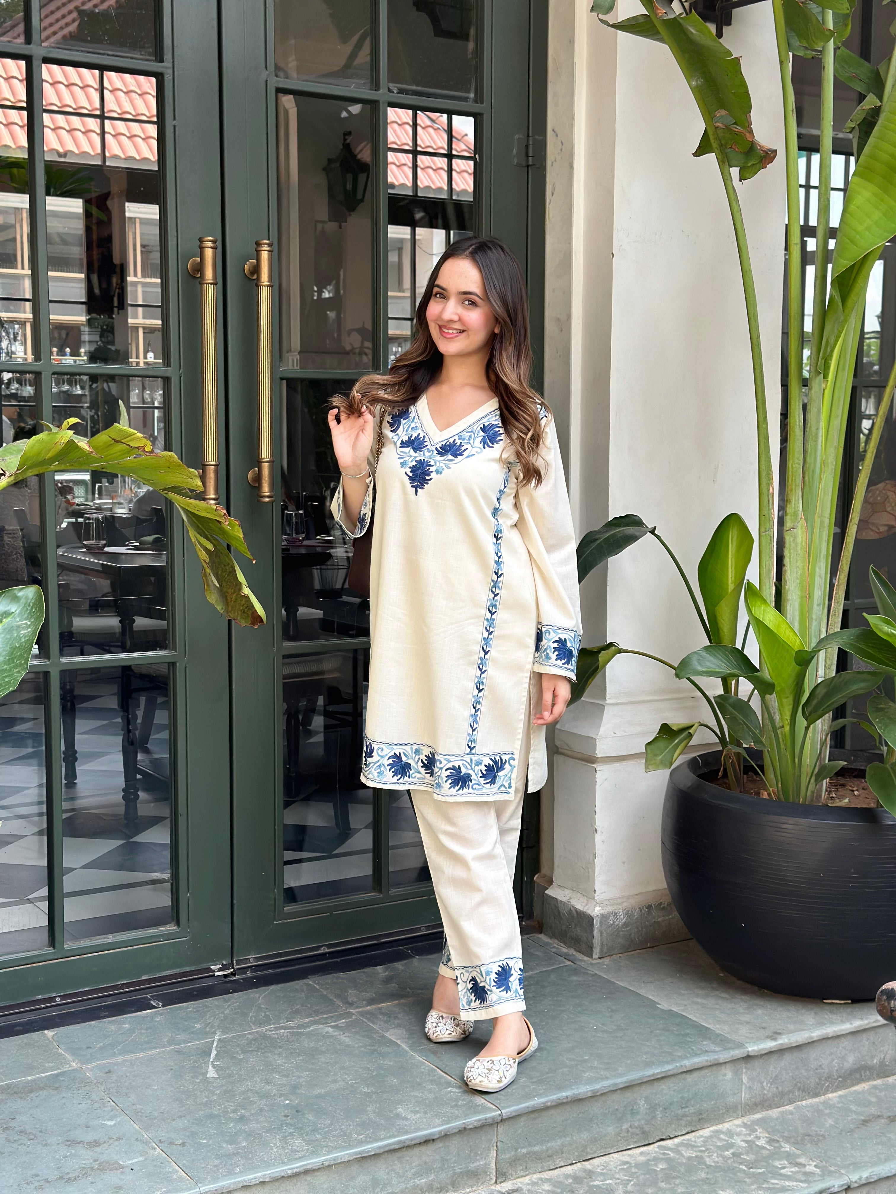 Bhavya in Kashmiri Aari Work Cotton Kurta Set - White With Blue