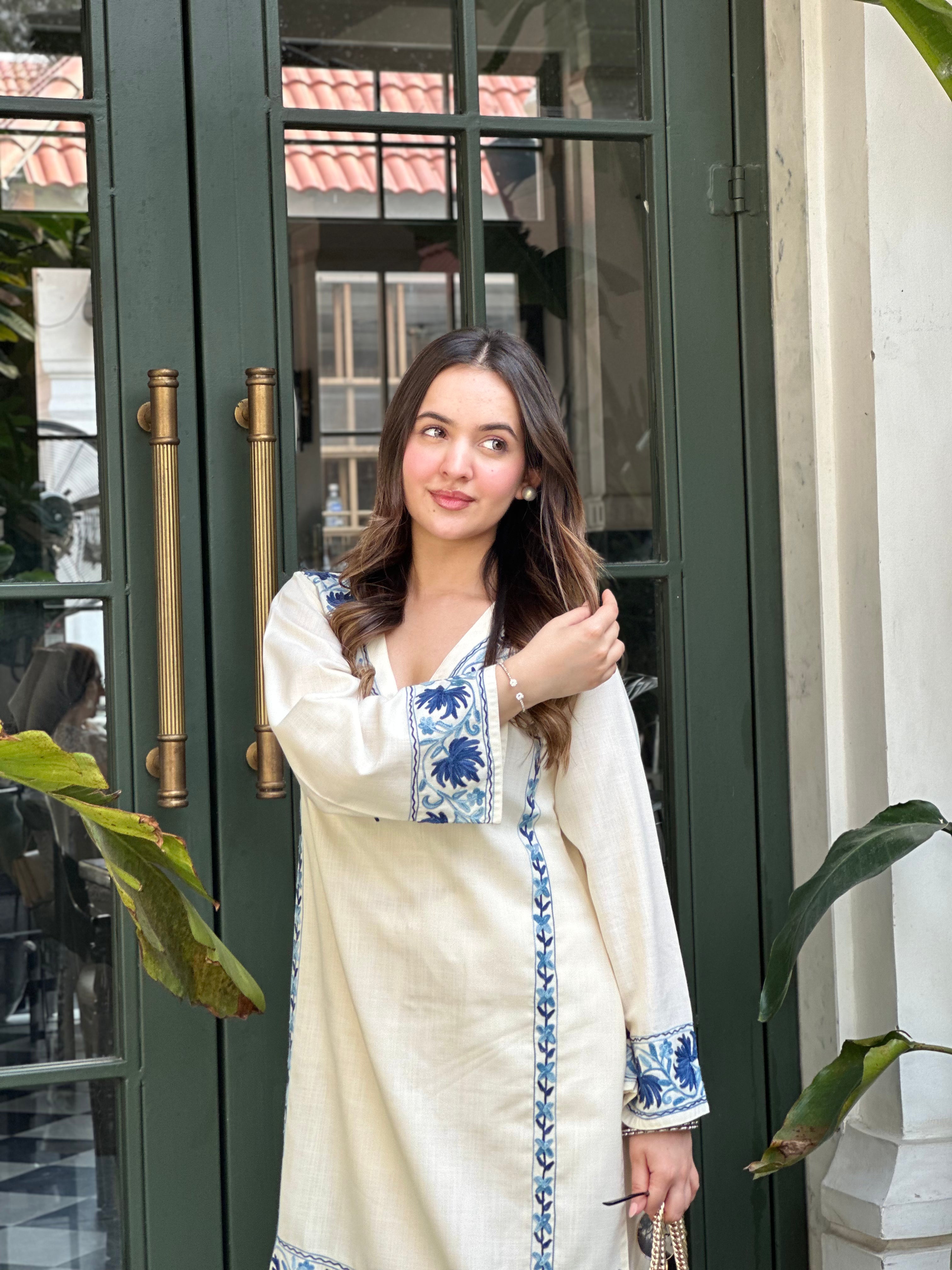 Bhavya in Kashmiri Aari Work Cotton Kurta Set - White With Blue