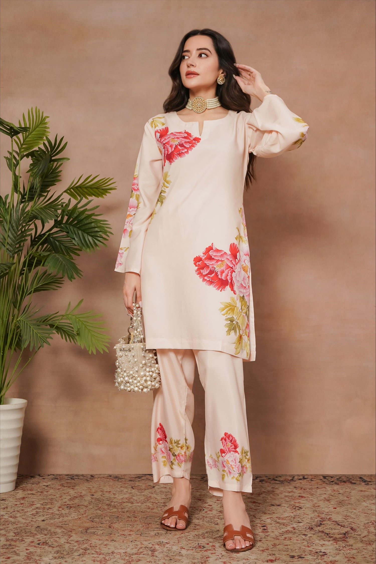 Komal x HOK Printkari Poly Muslin Co-ord set in Blush Pink