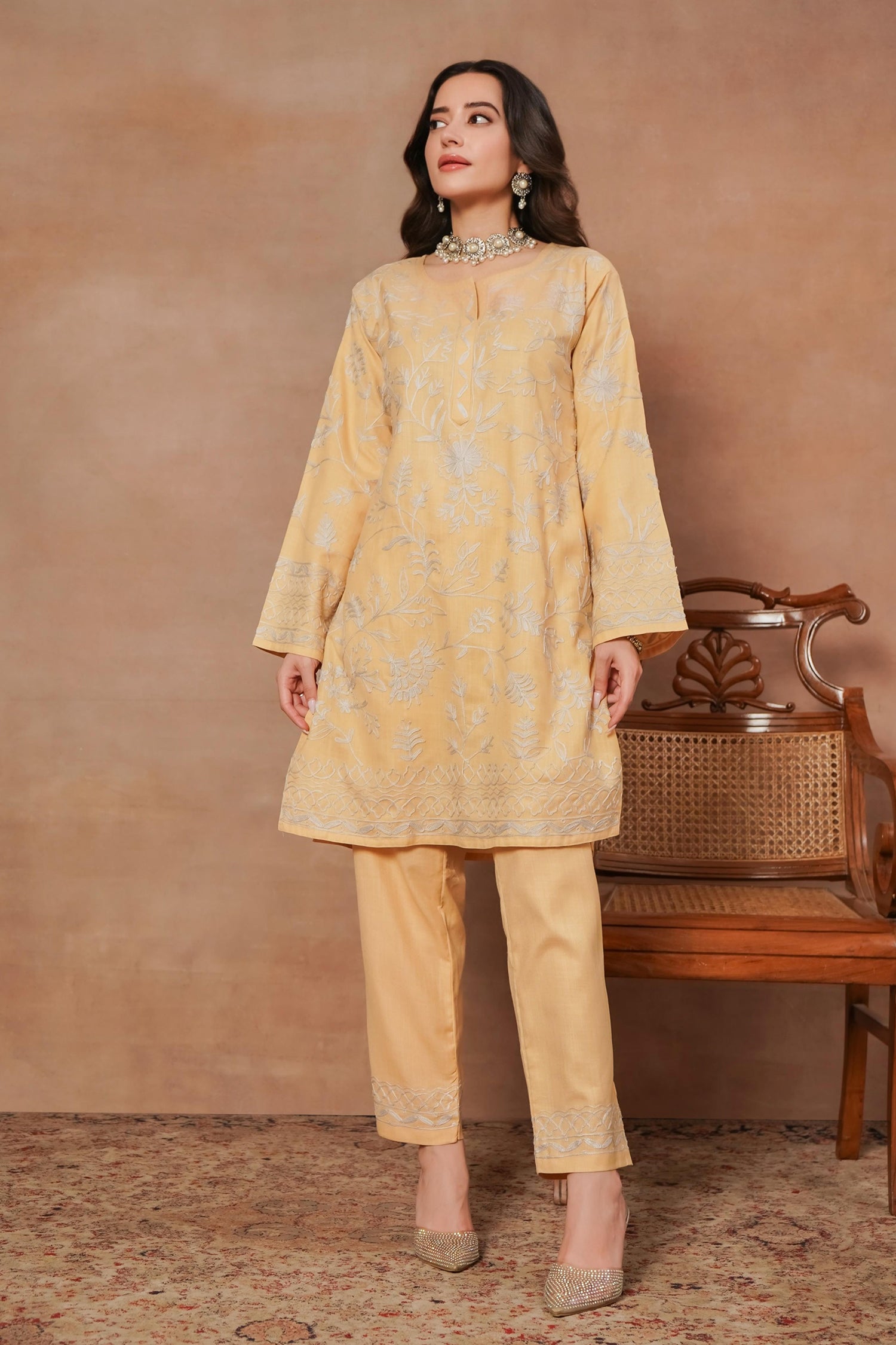 Komal x HOK Kashmiri Aari Work Cotton Kurta Set - Beige With White