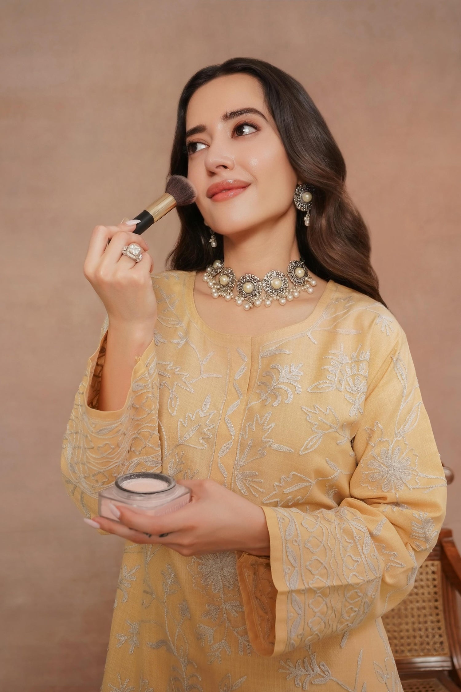 Komal x HOK Kashmiri Aari Work Cotton Kurta Set - Beige With White