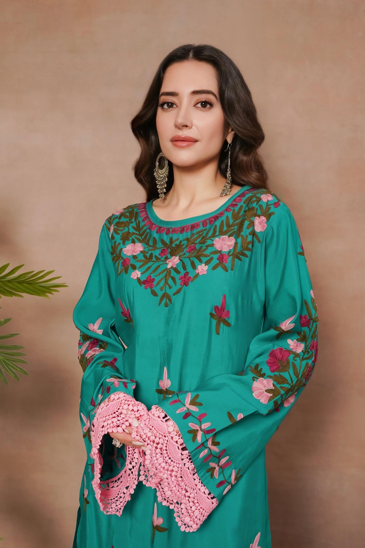 Komal x HOK Falak Kashmiri Long Kurta In Turquoise Blue Muslin With Aari