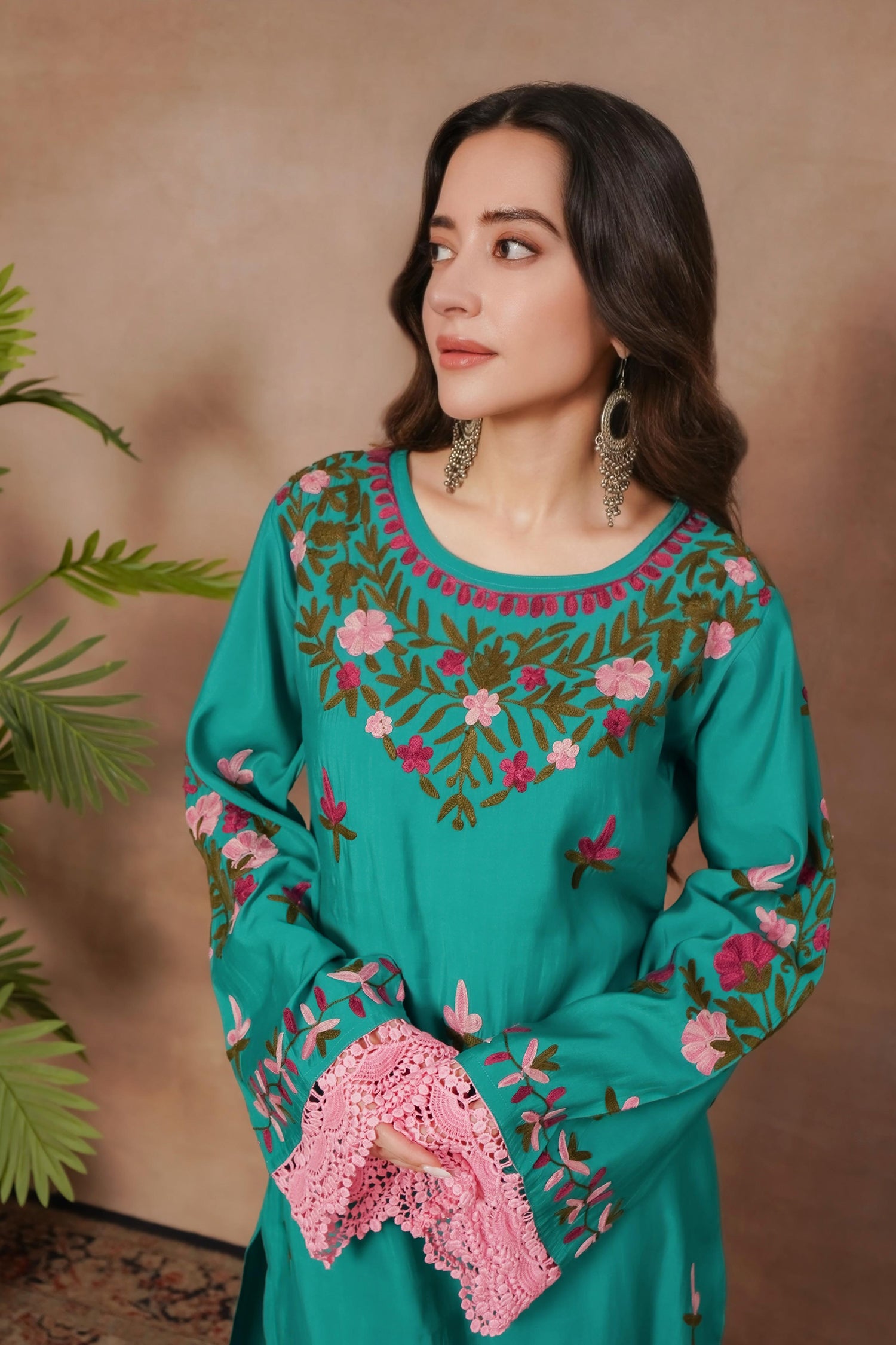Komal x HOK Falak Kashmiri Long Kurta In Turquoise Blue Muslin With Aari