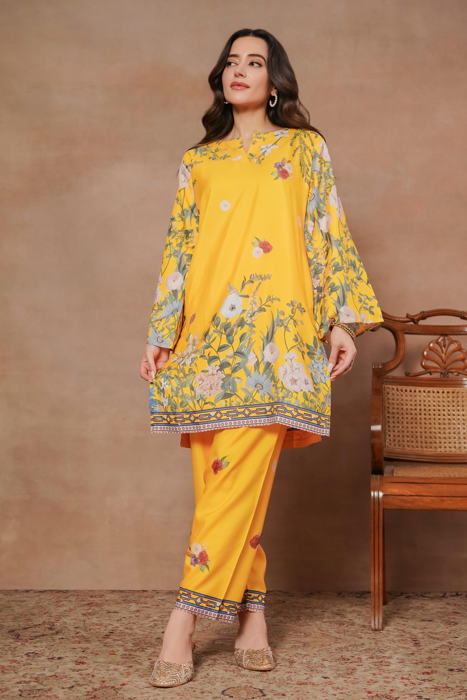 Komal x HOK Printkari Poly Muslin Co-ord set in Yellow