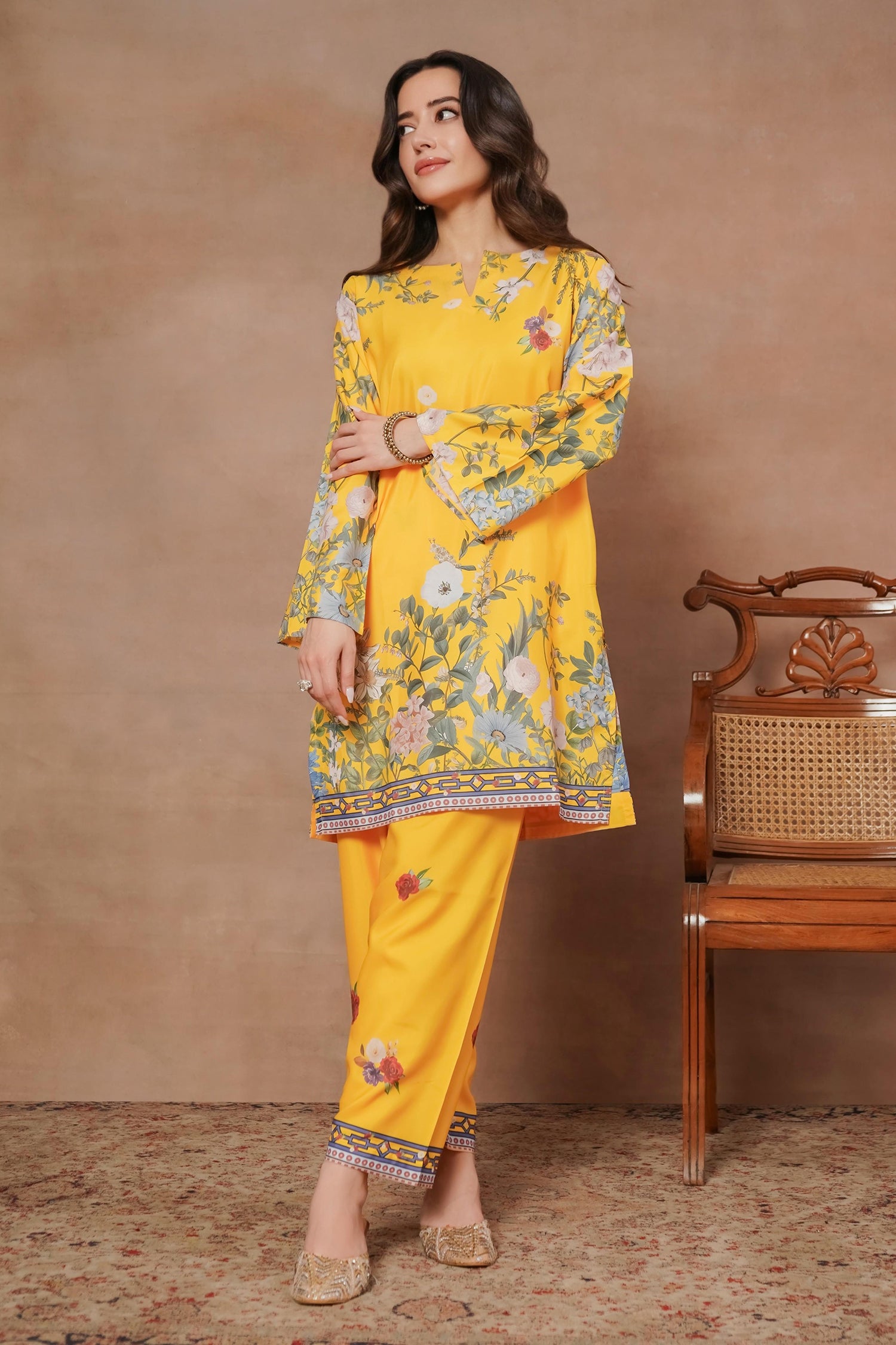 Komal x HOK Printkari Poly Muslin Co-ord set in Yellow
