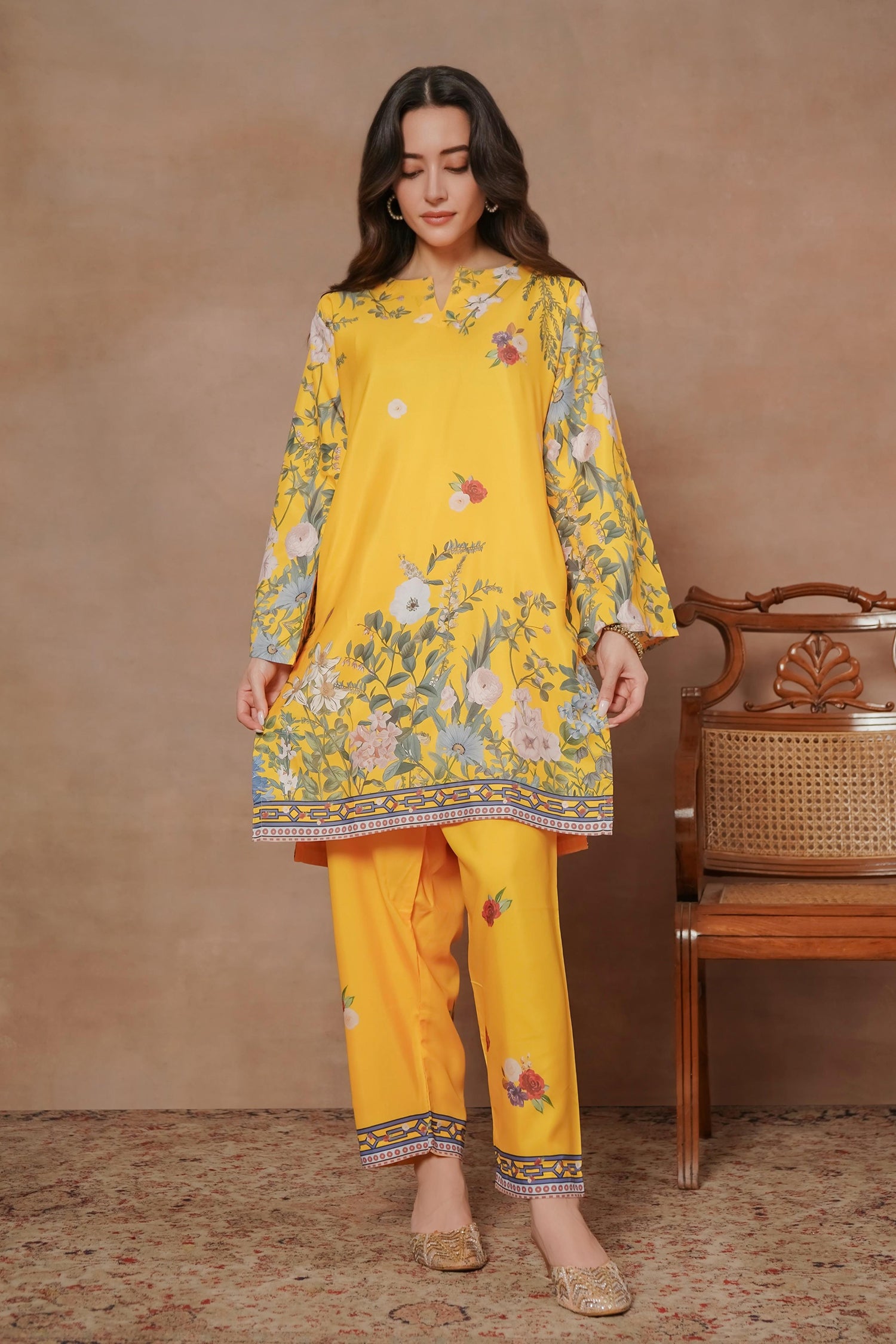 Komal x HOK Printkari Poly Muslin Co-ord set in Yellow