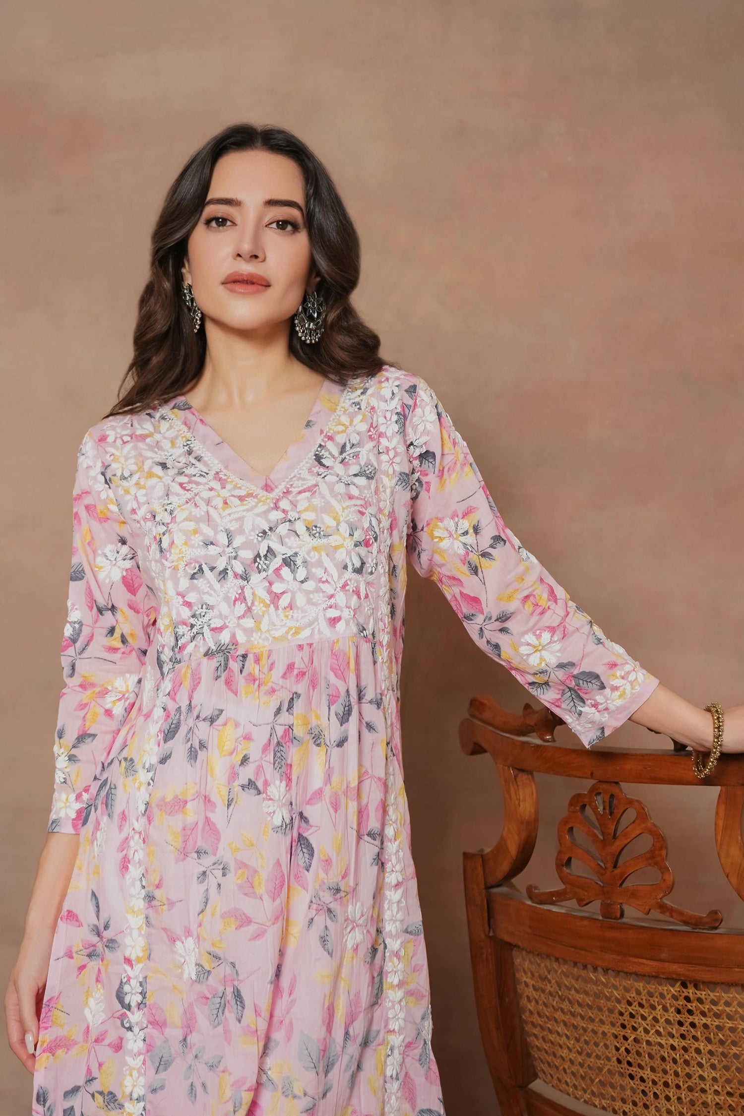 Komal x HOK Samma Chikankari Long Kurta in Mul Cotton for Women- Baby Pink