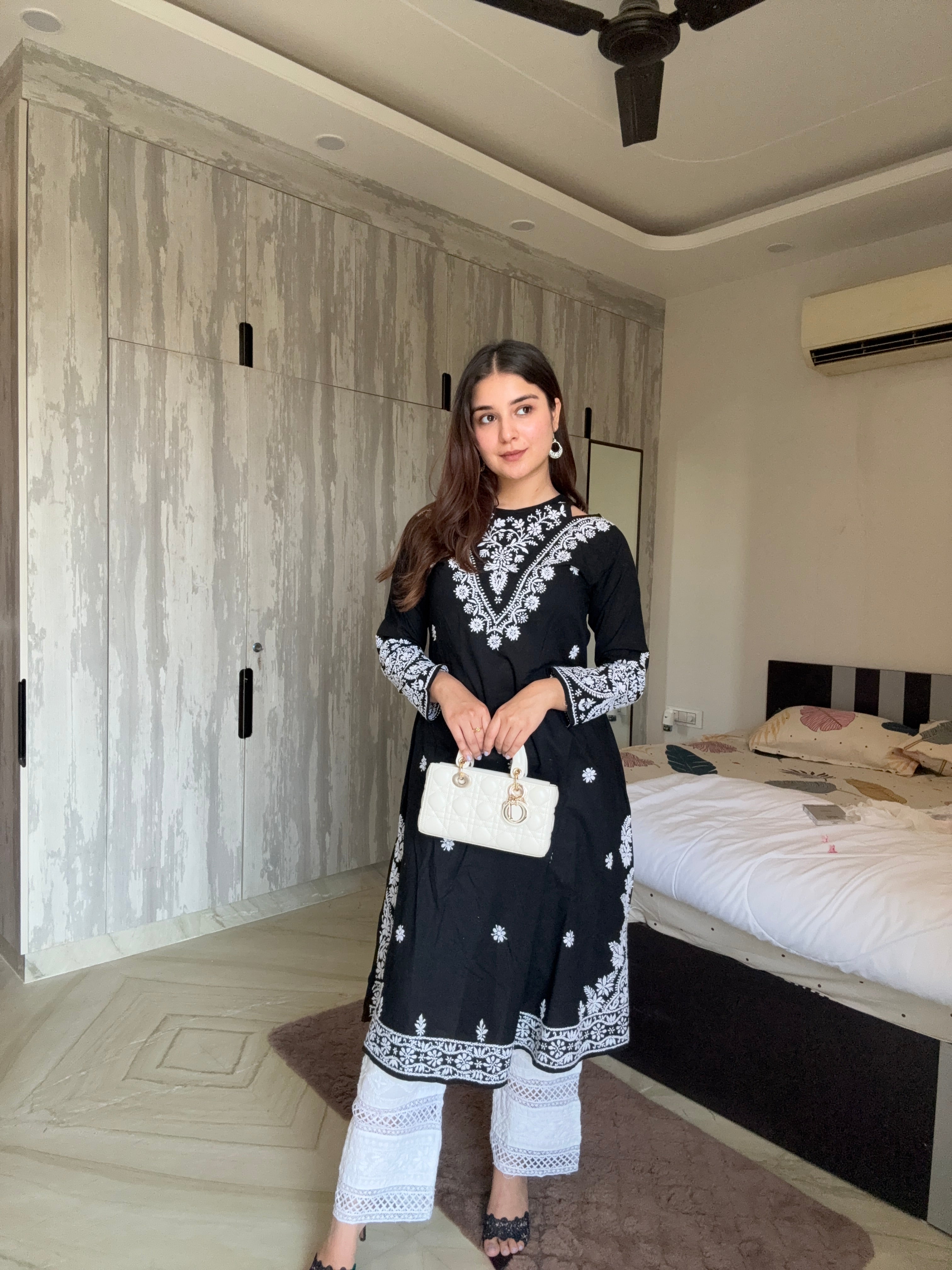 ADA in Cotton Chikankari Long Kurta Black