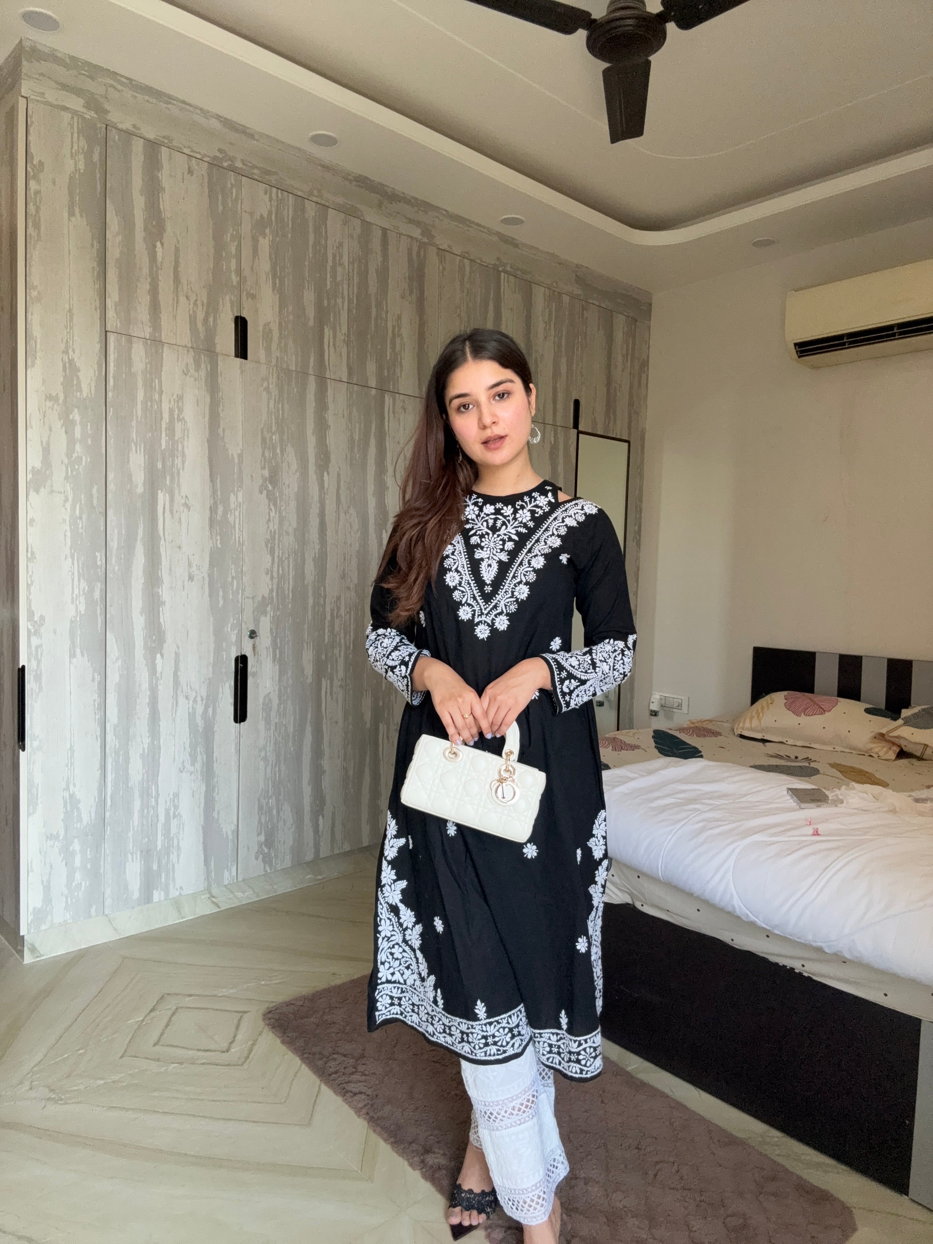 ADA in Cotton Chikankari Long Kurta Black