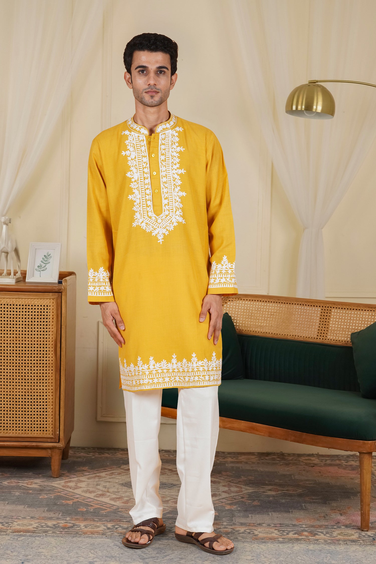 Men’s Kashmiri Aari Embroidered Kurta Ruby Cotton - Mustard
