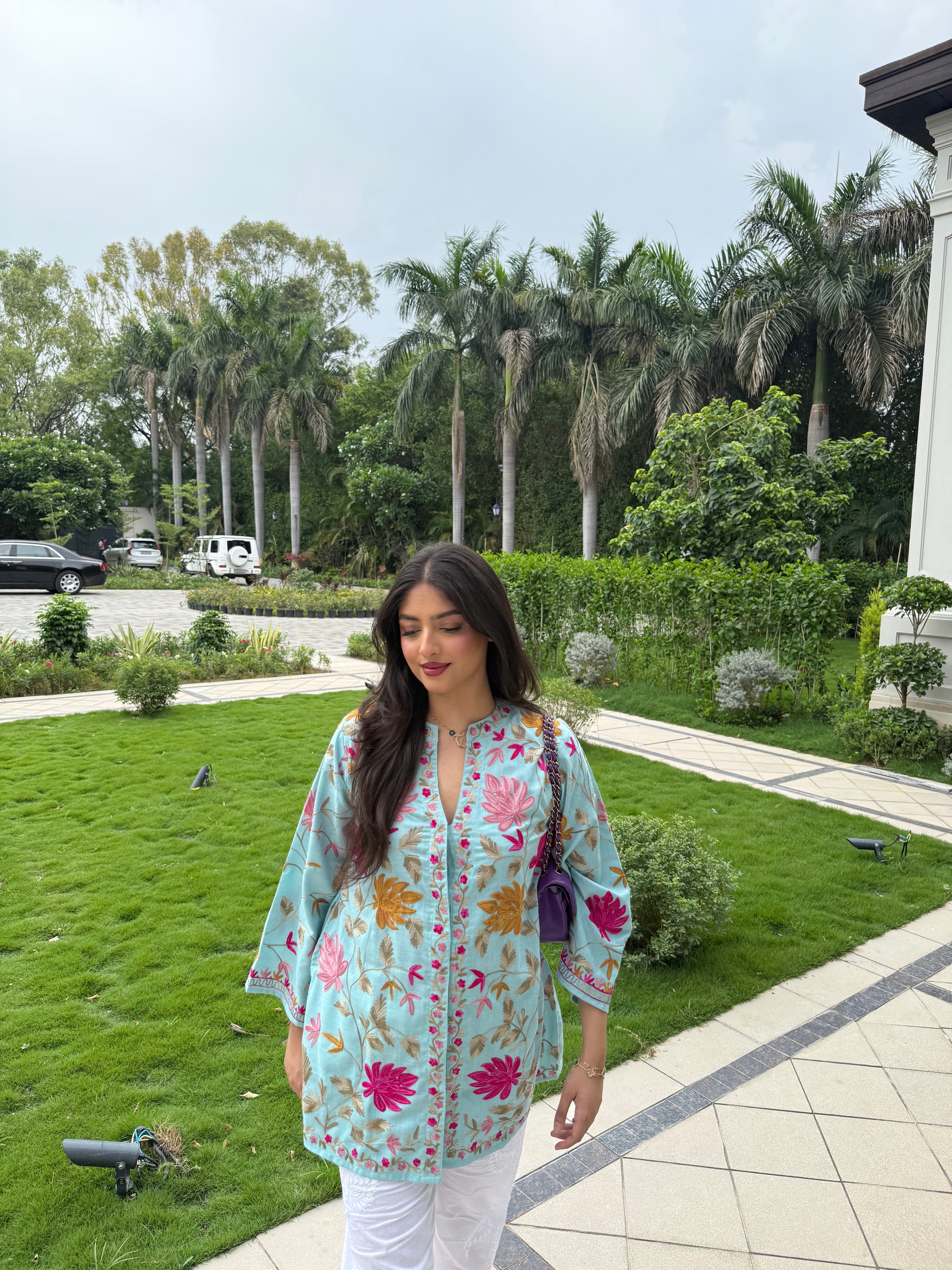 Pralambika in Kashmiri Aari Work Cotton Kurta Jacket – Sky Blue