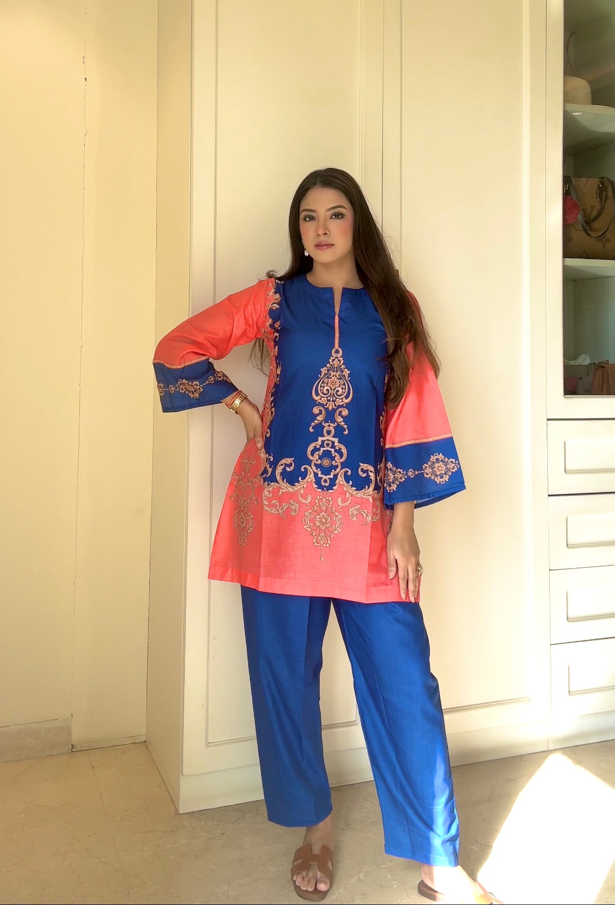 Radhika In Coral & Royal Blue Printed Lawn Cotton Kurta Set with Straight Pants