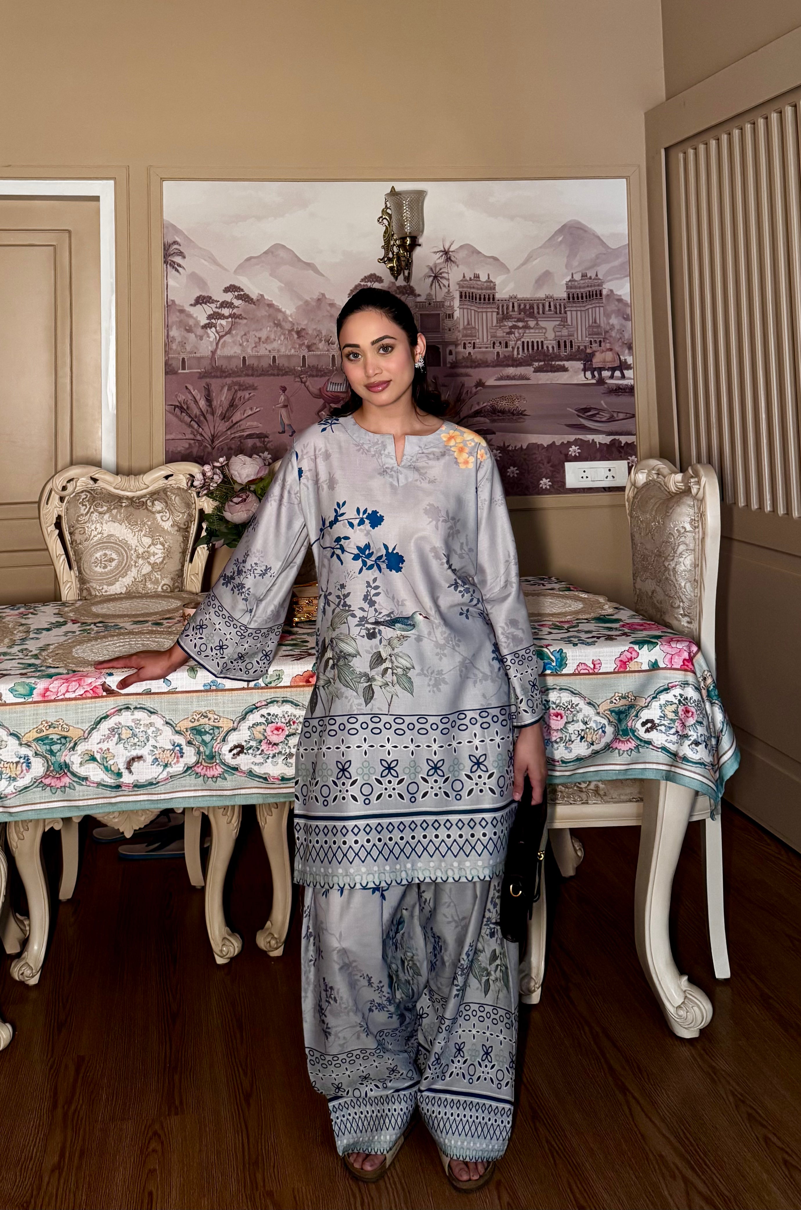 Ishita sandhu In Grey Printed Lawn Cotton Kurta Set with Farsi Pants
