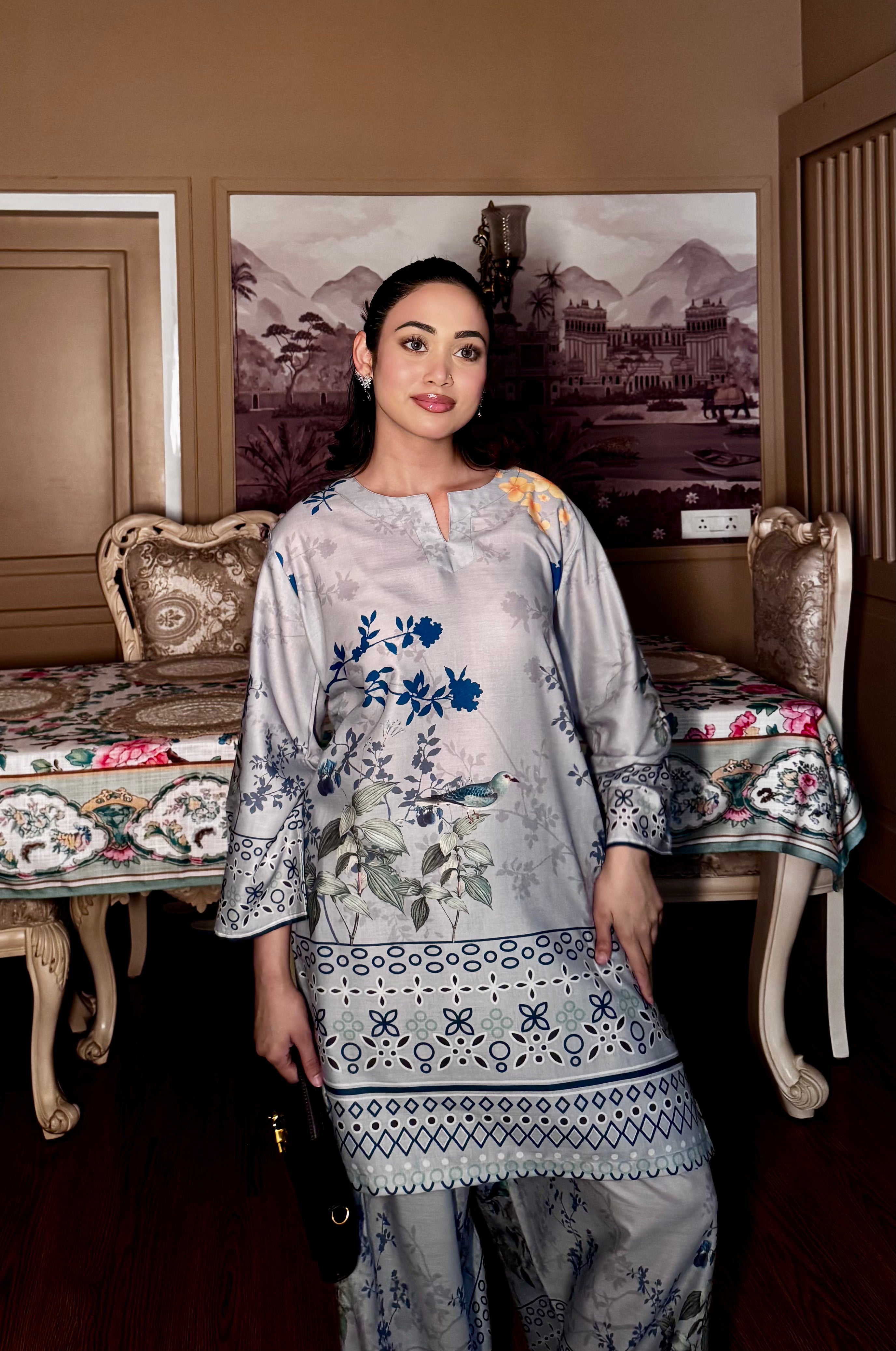 Ishita sandhu In Grey Printed Lawn Cotton Kurta Set with Farsi Pants