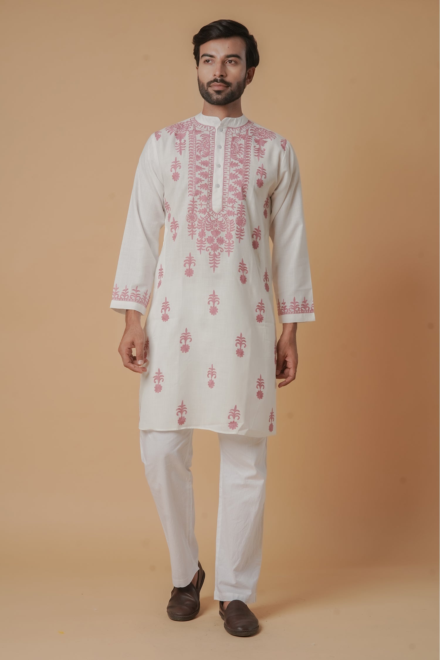 Cotton Aari Work Kurta for Men – White with Dusty Rose Embroidery