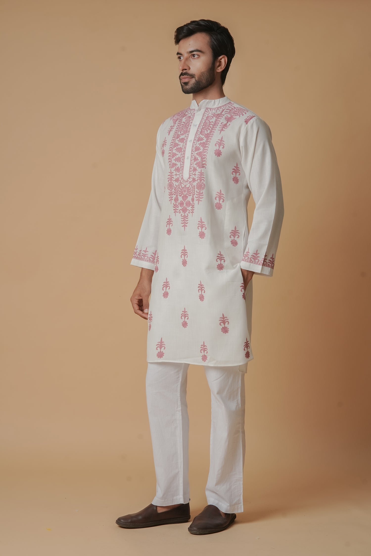 Cotton Aari Work Kurta for Men – White with Dusty Rose Embroidery