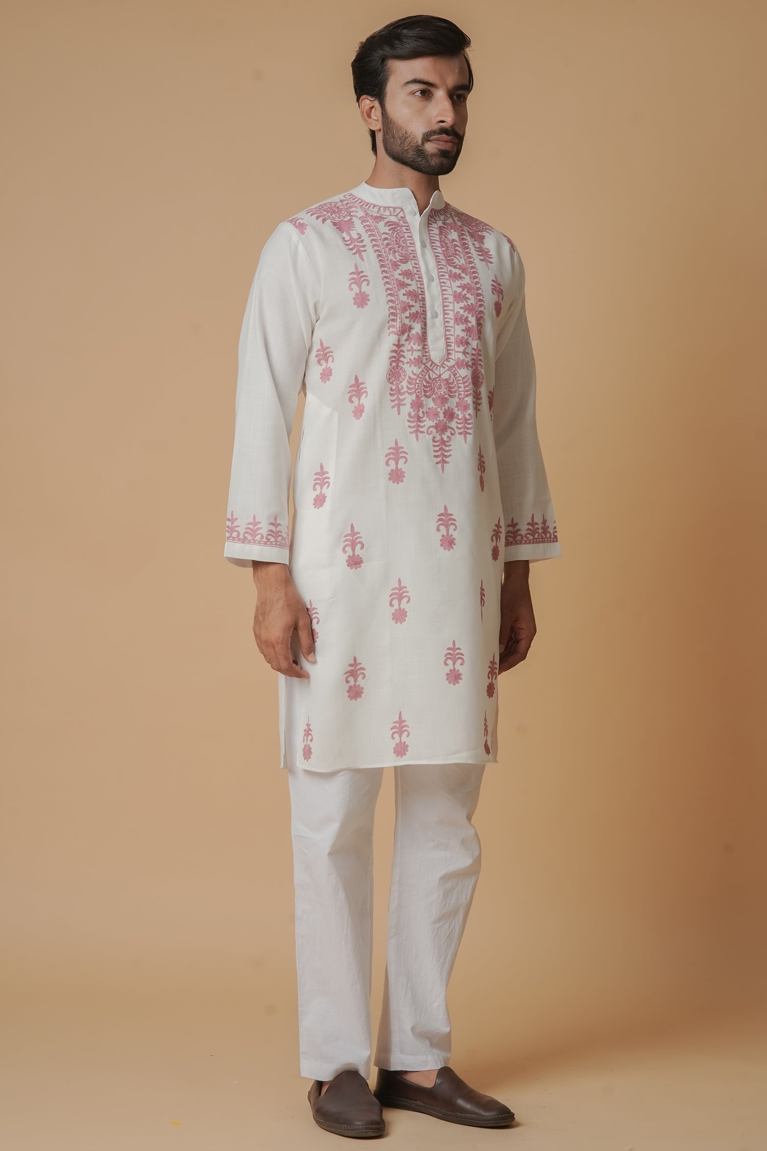 Cotton Aari Work Kurta for Men – White with Dusty Rose Embroidery