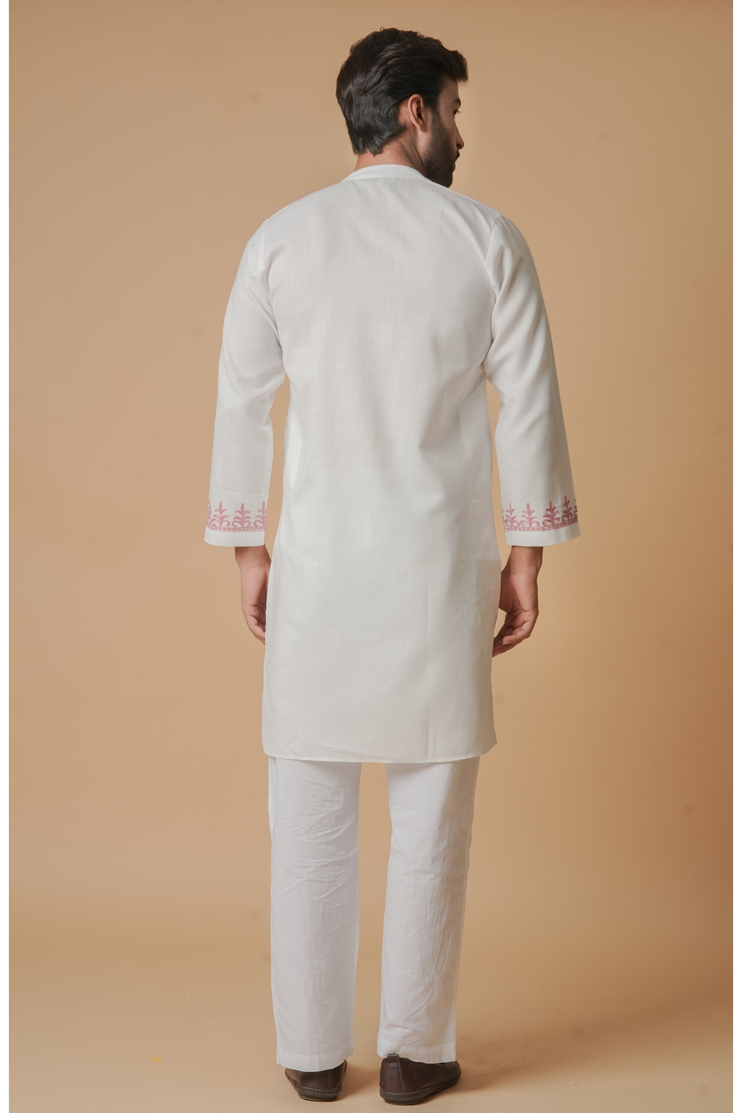 Cotton Aari Work Kurta for Men – White with Dusty Rose Embroidery