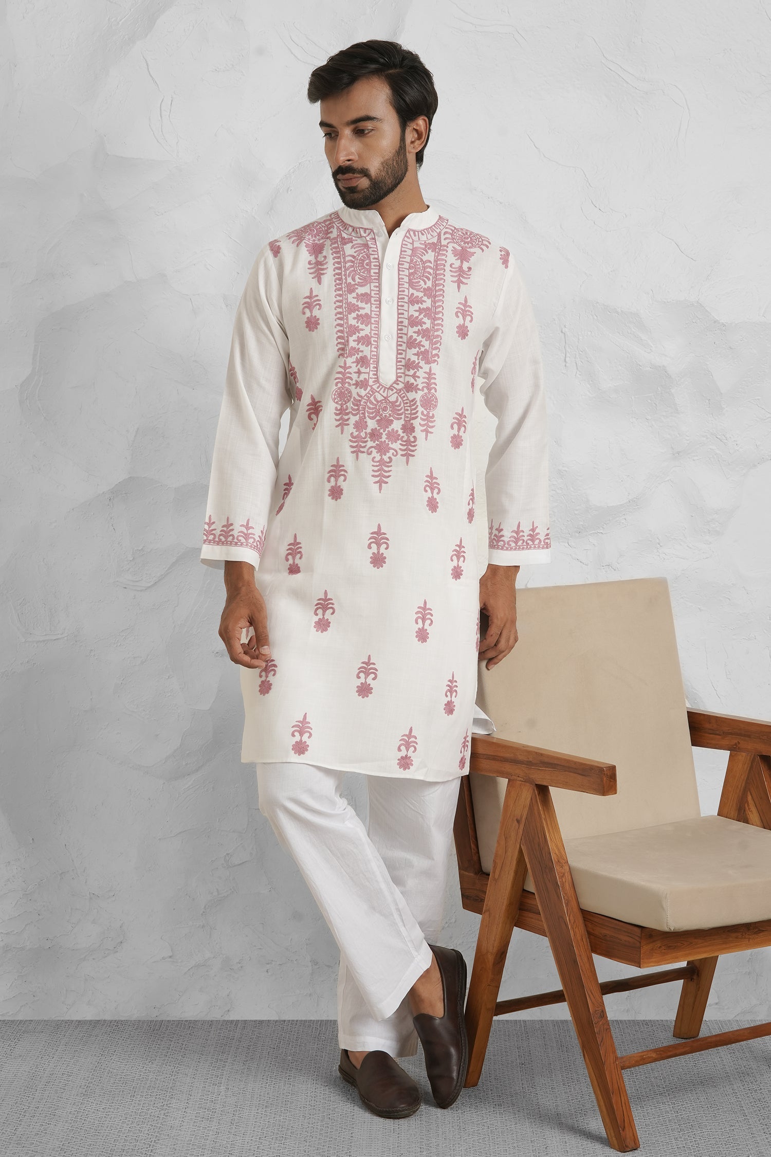 Cotton Aari Work Kurta for Men – White with Dusty Rose Embroidery