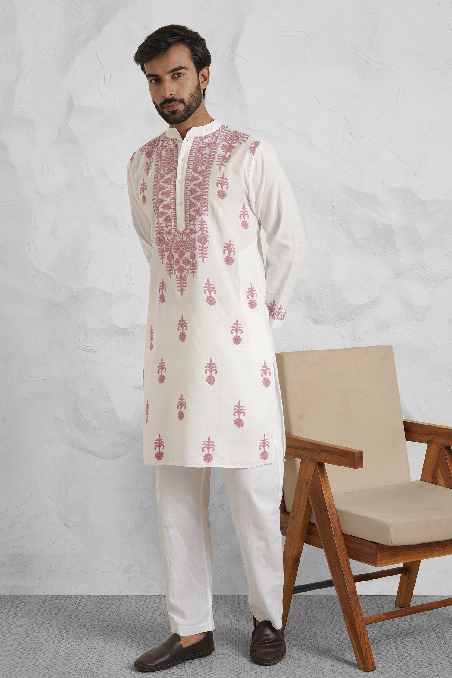 Cotton Aari Work Kurta for Men – White with Dusty Rose Embroidery