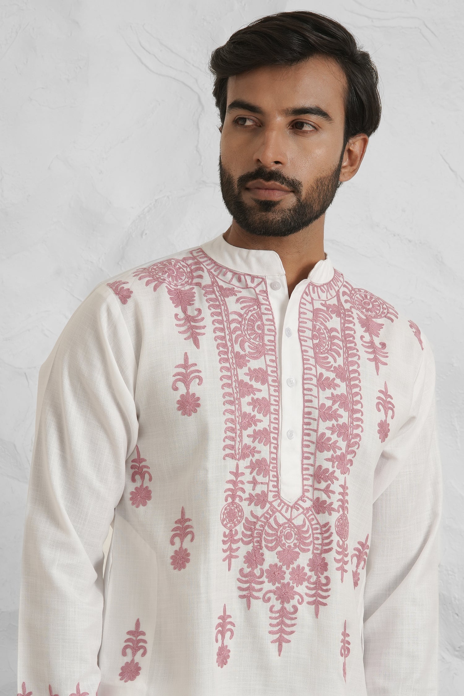 Cotton Aari Work Kurta for Men – White with Dusty Rose Embroidery